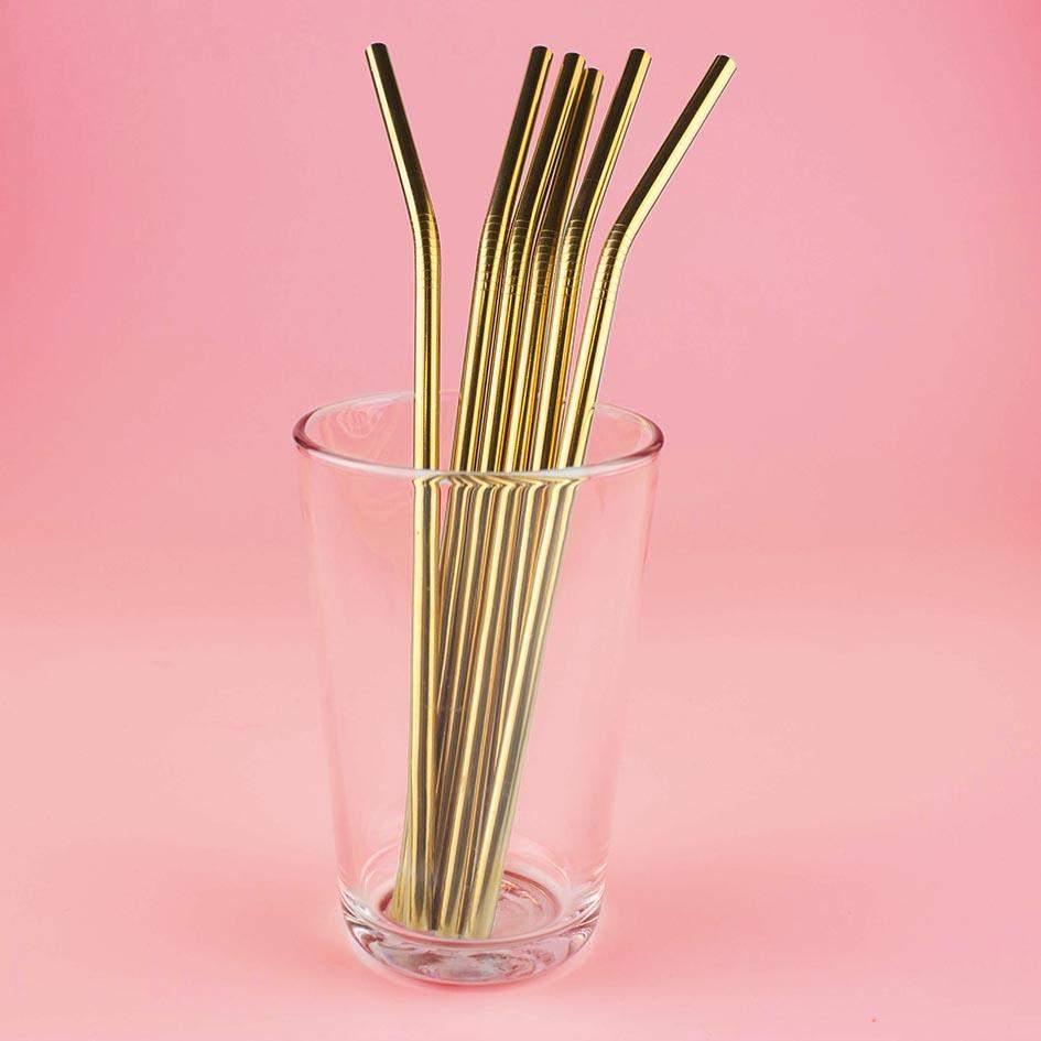 6x Bøjede Metalsugerør - Guld