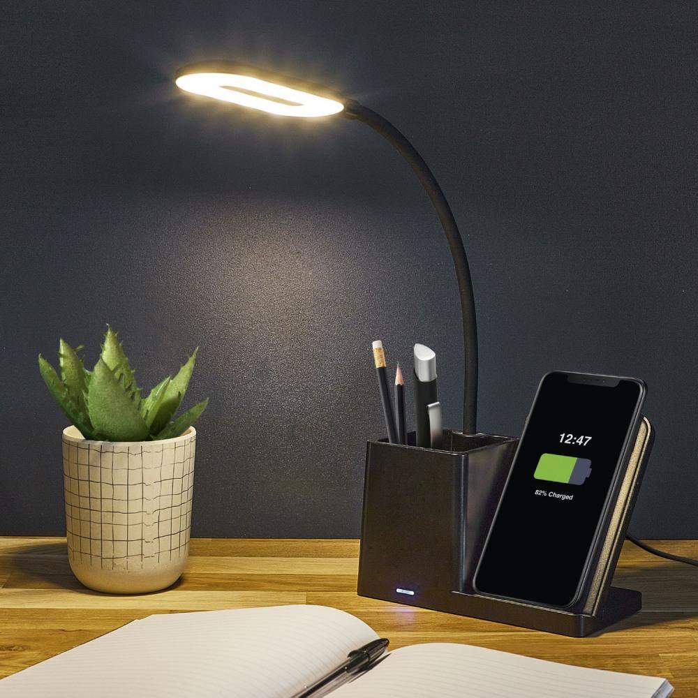 Bordlampe med mobiloplader og penneholder