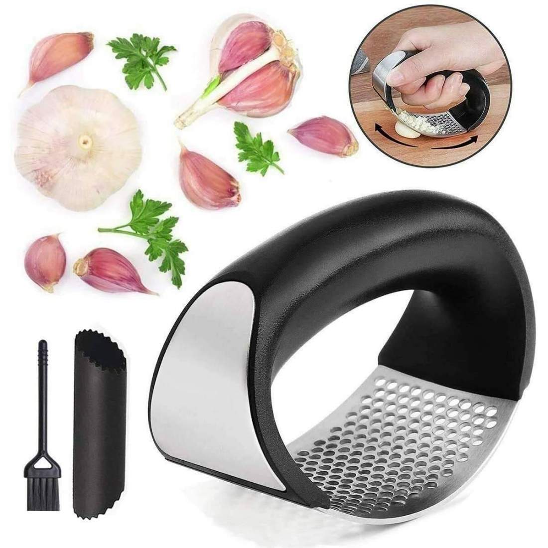Garlic press in steel with accessories eStore