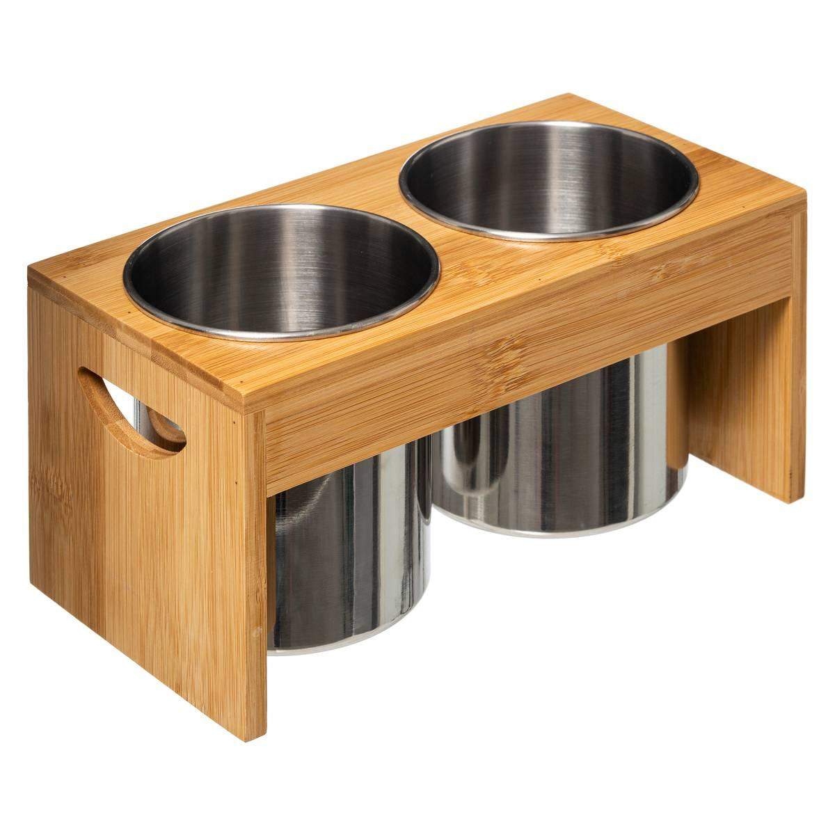 2 rustfri stålbeholdere med holder i bambus