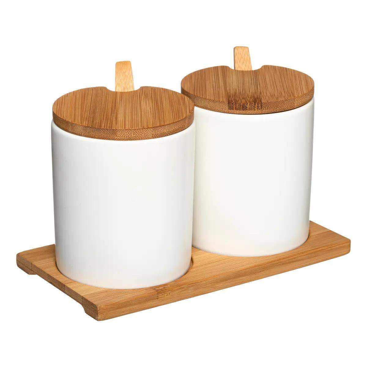 Krydderi dåser af bambus og porcelæn - 2 stk