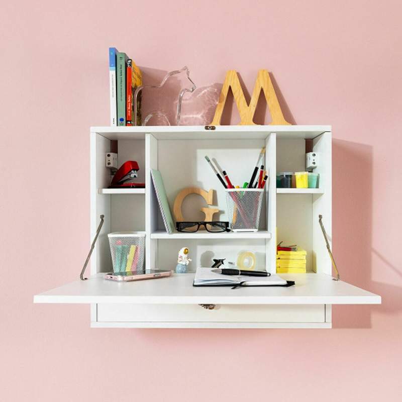 Sammenklappeligt vægbord med hylder og skuffe