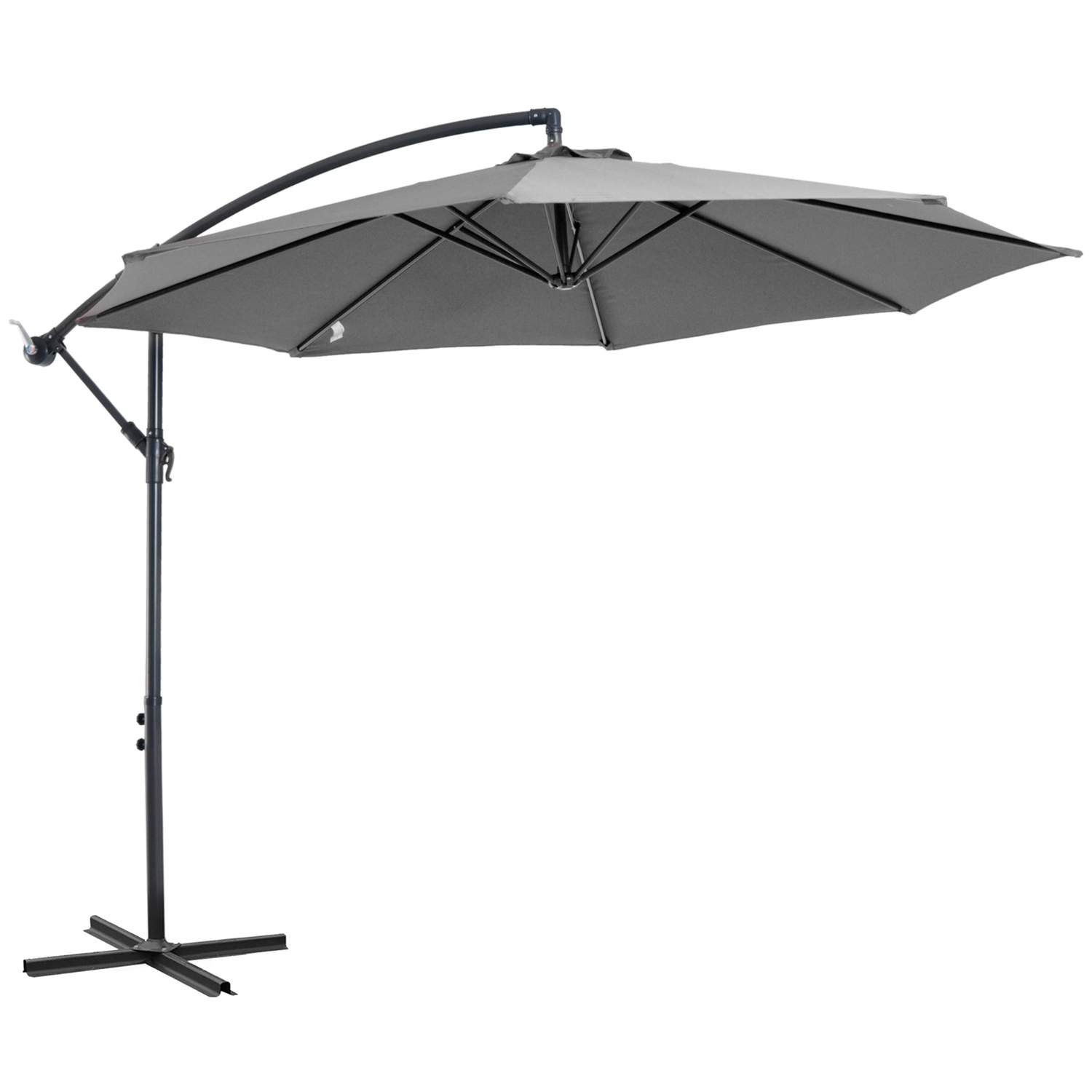 Grå parasol med håndsving, stålramme & polyesterstof