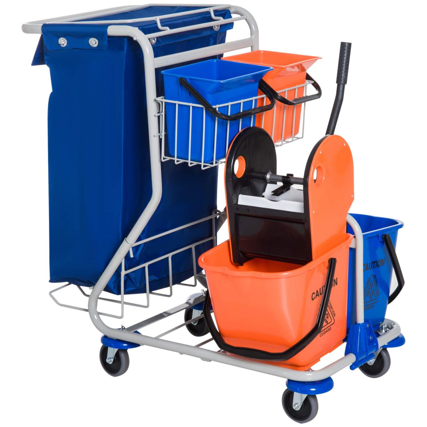 Rengøringsvogn med 4 spande og hjul, blå/orange
