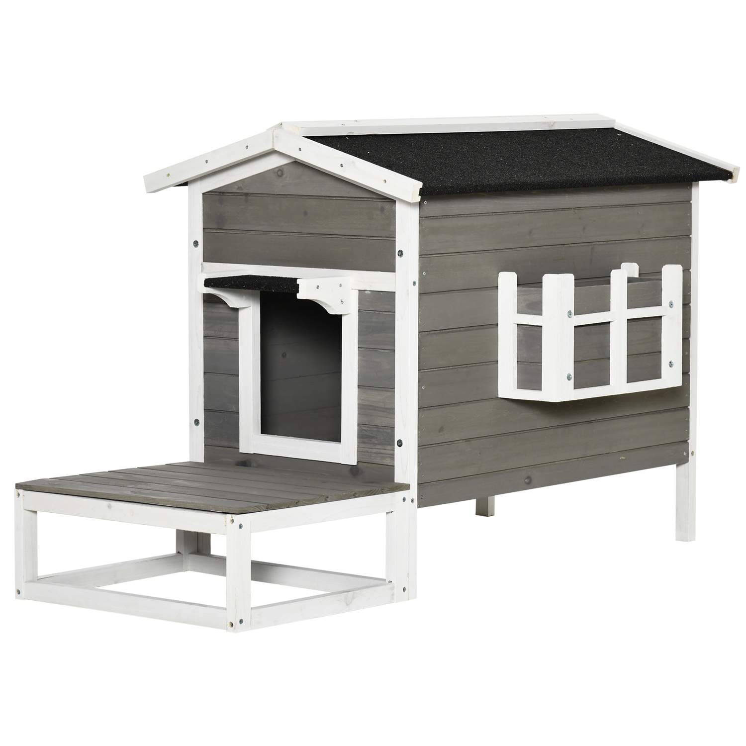 Husdyrshus med terrasse og balkon, grå/hvid