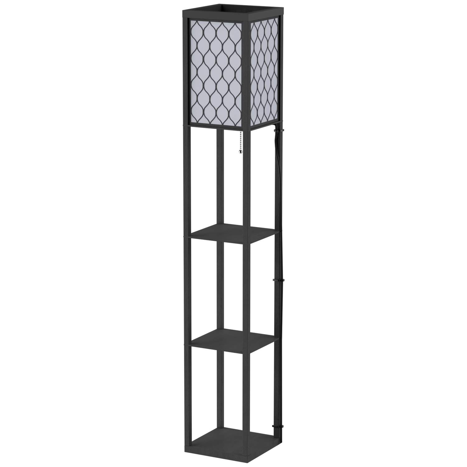 Sort trægulvlampe med hylde til stuen