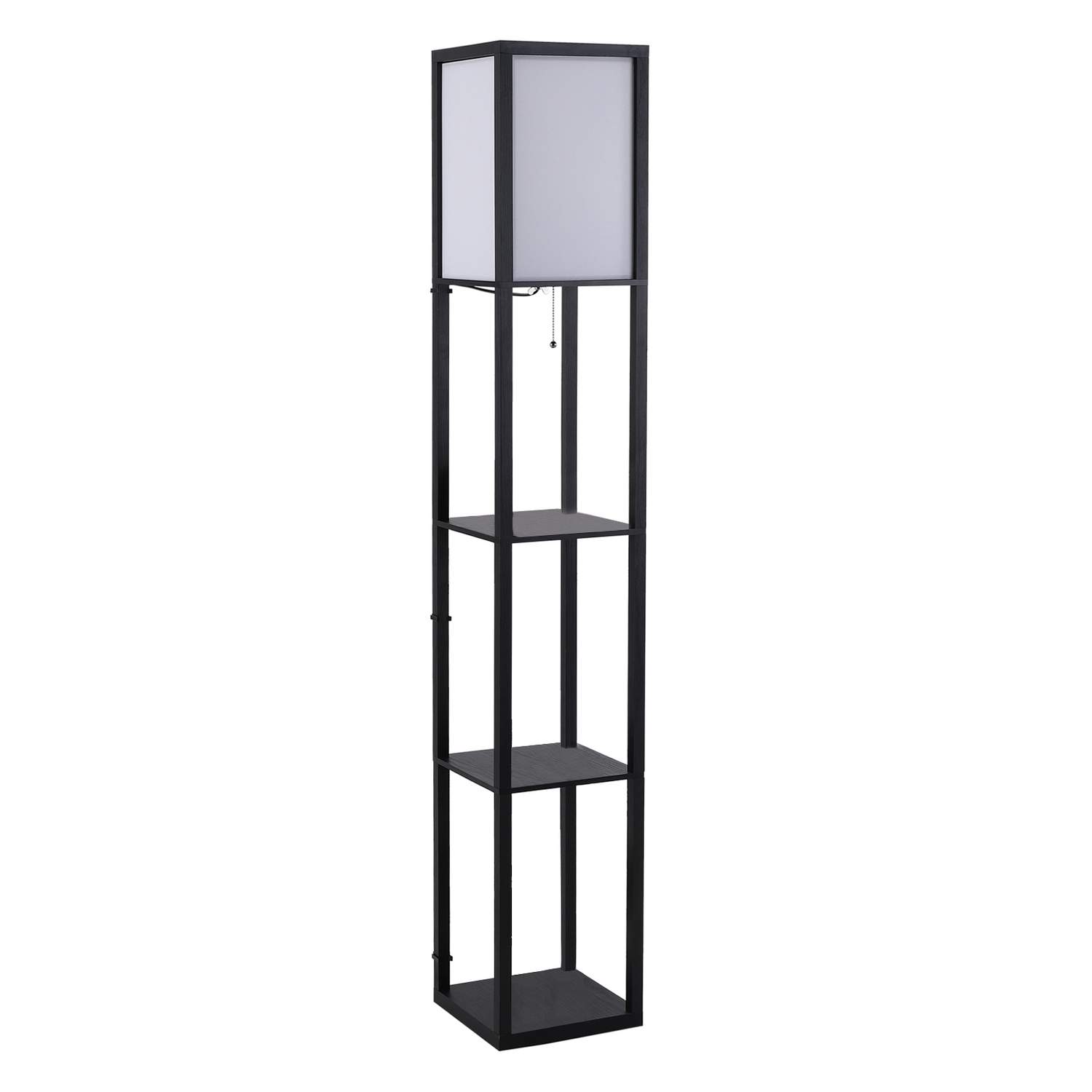 Sort gulvlampe med hylde til stue