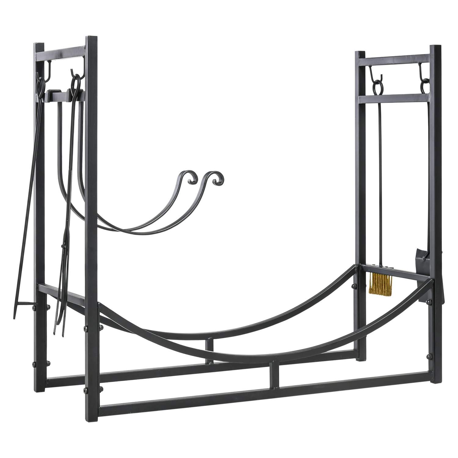 Sort træstativ i metal med 4 kroge og 2 hylder