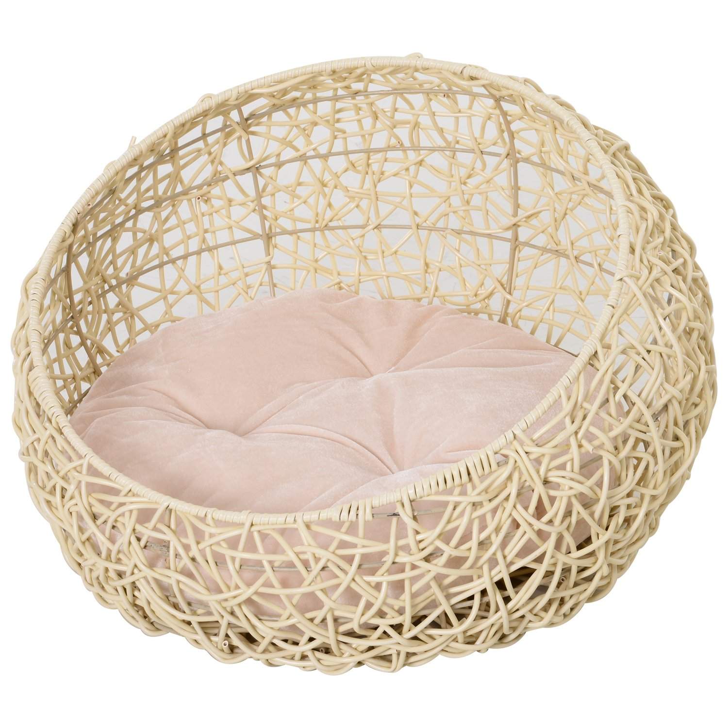 Komfortabel beige rattan katteseng med pude