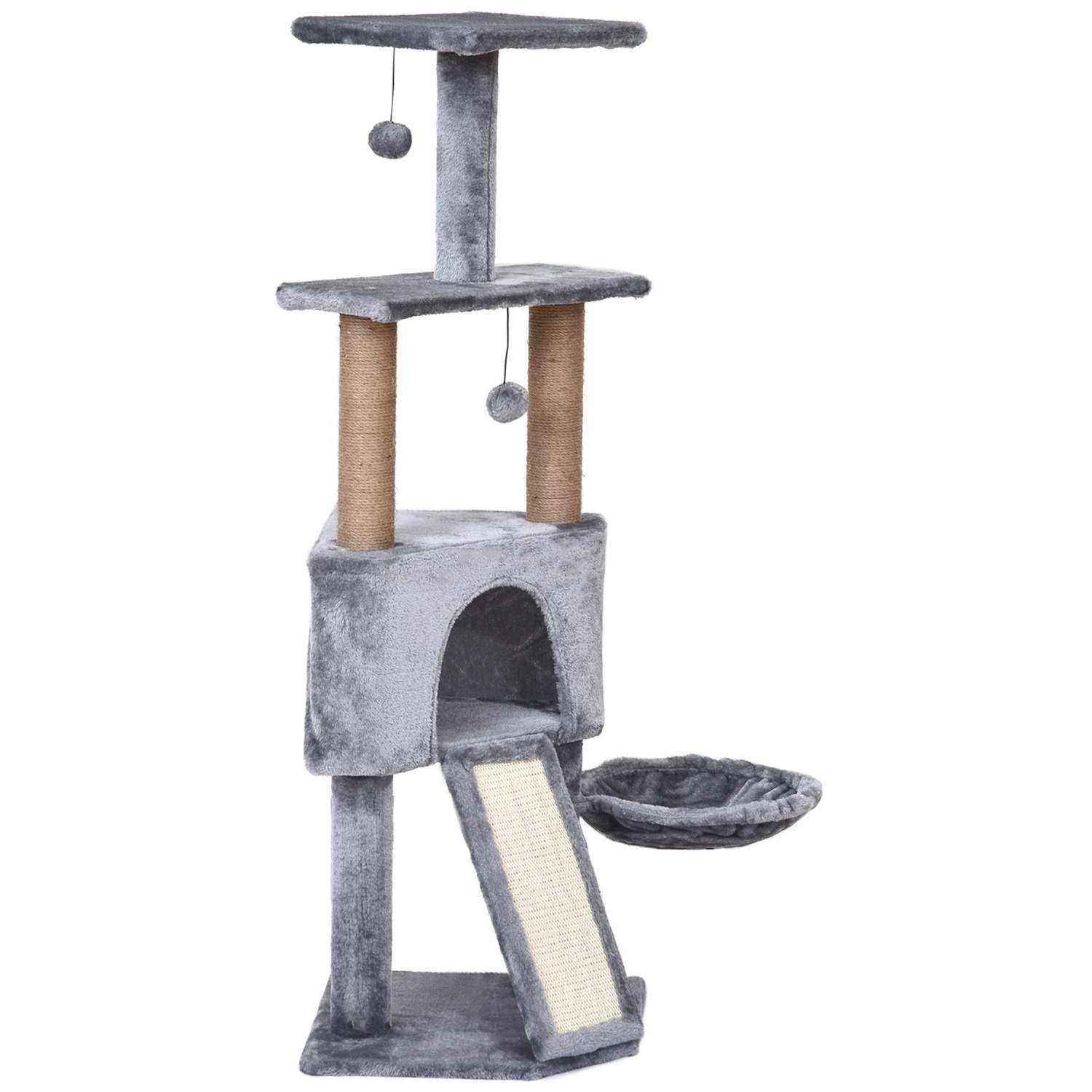 Grå 4-etagers kattetræ med legebolde og sisal