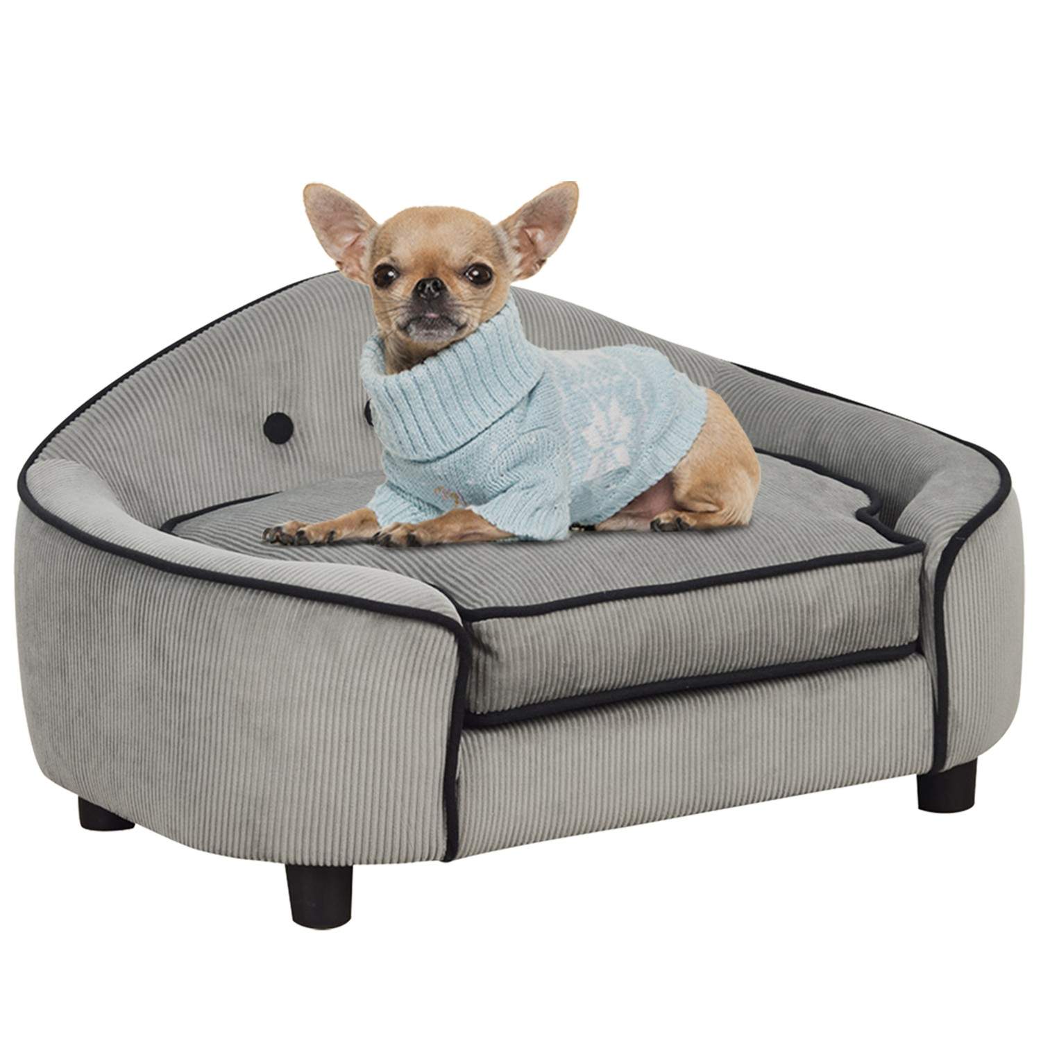 Hyggelig hundeseng i naturligt træ og grå plys