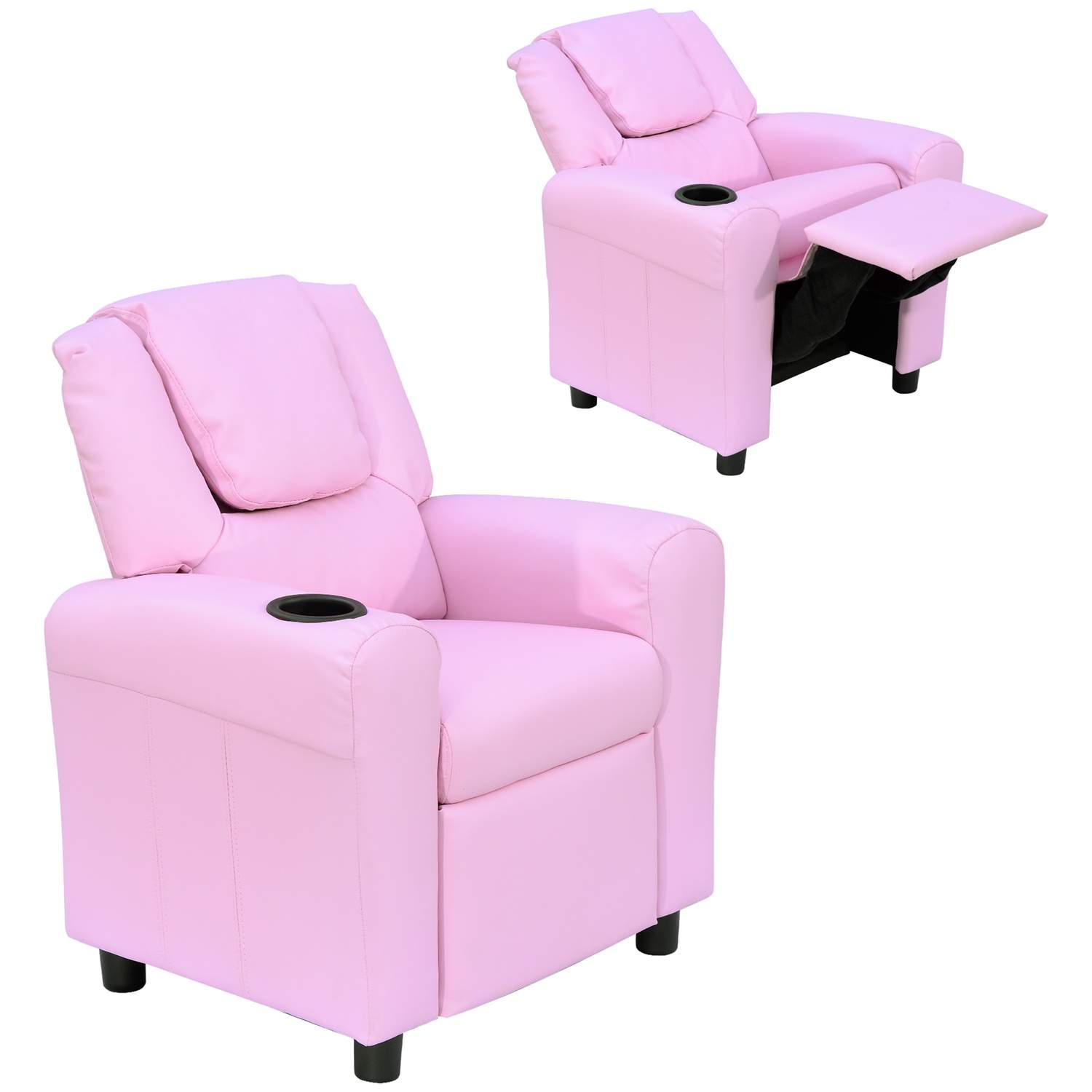 Børnesofa pink med liggefunktion og kopholder
