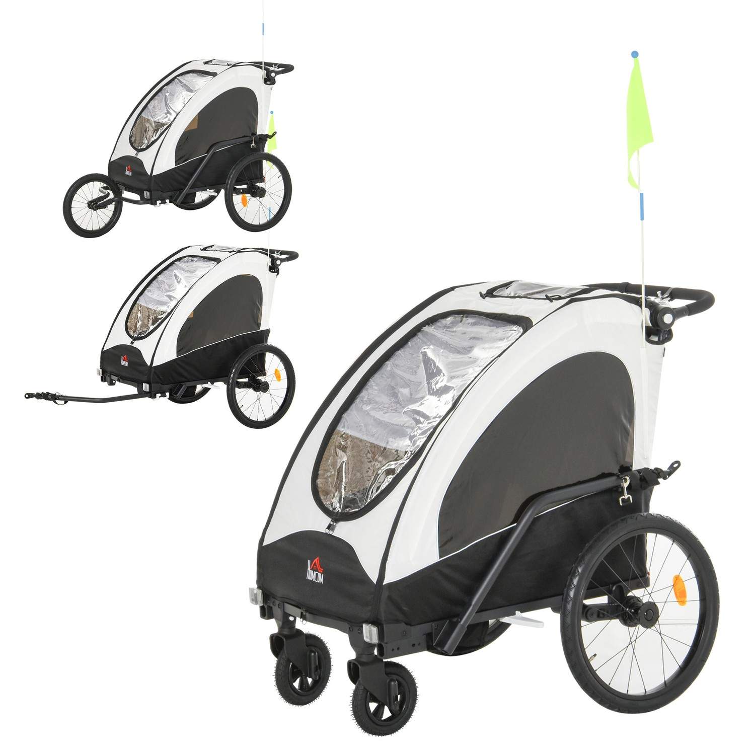 Cykeltrailer Jogger 3-i-1 Klapvogn, Aluminium, Hvid/Sort