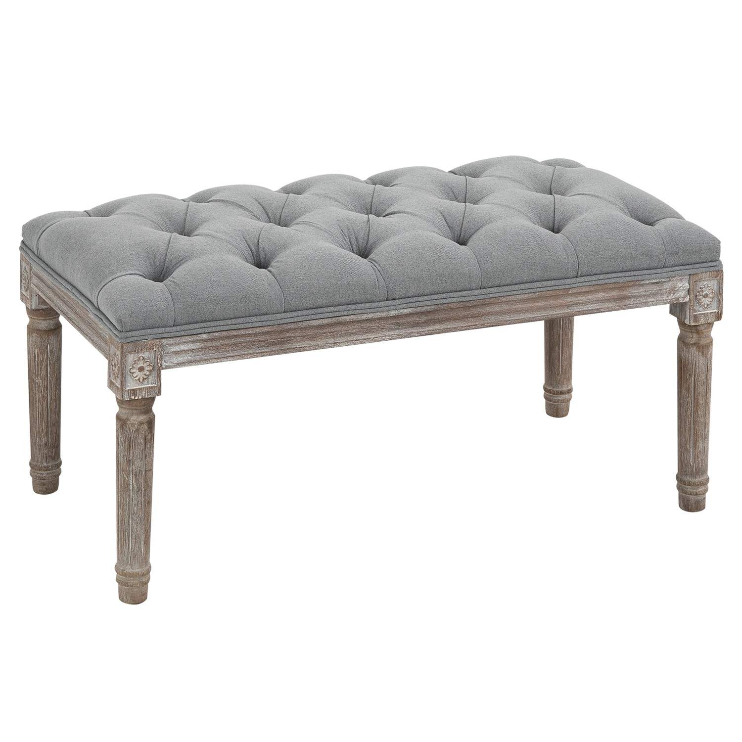 Elegant grå bænk i vintagestil med knapdetaljer