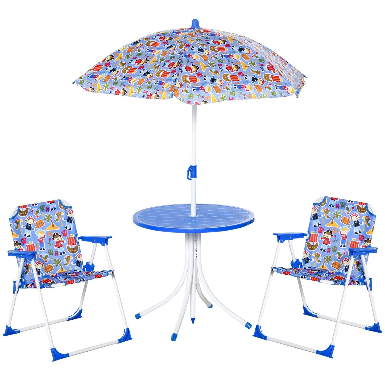 Børnesiddegruppe med bord, stole og parasol, blå