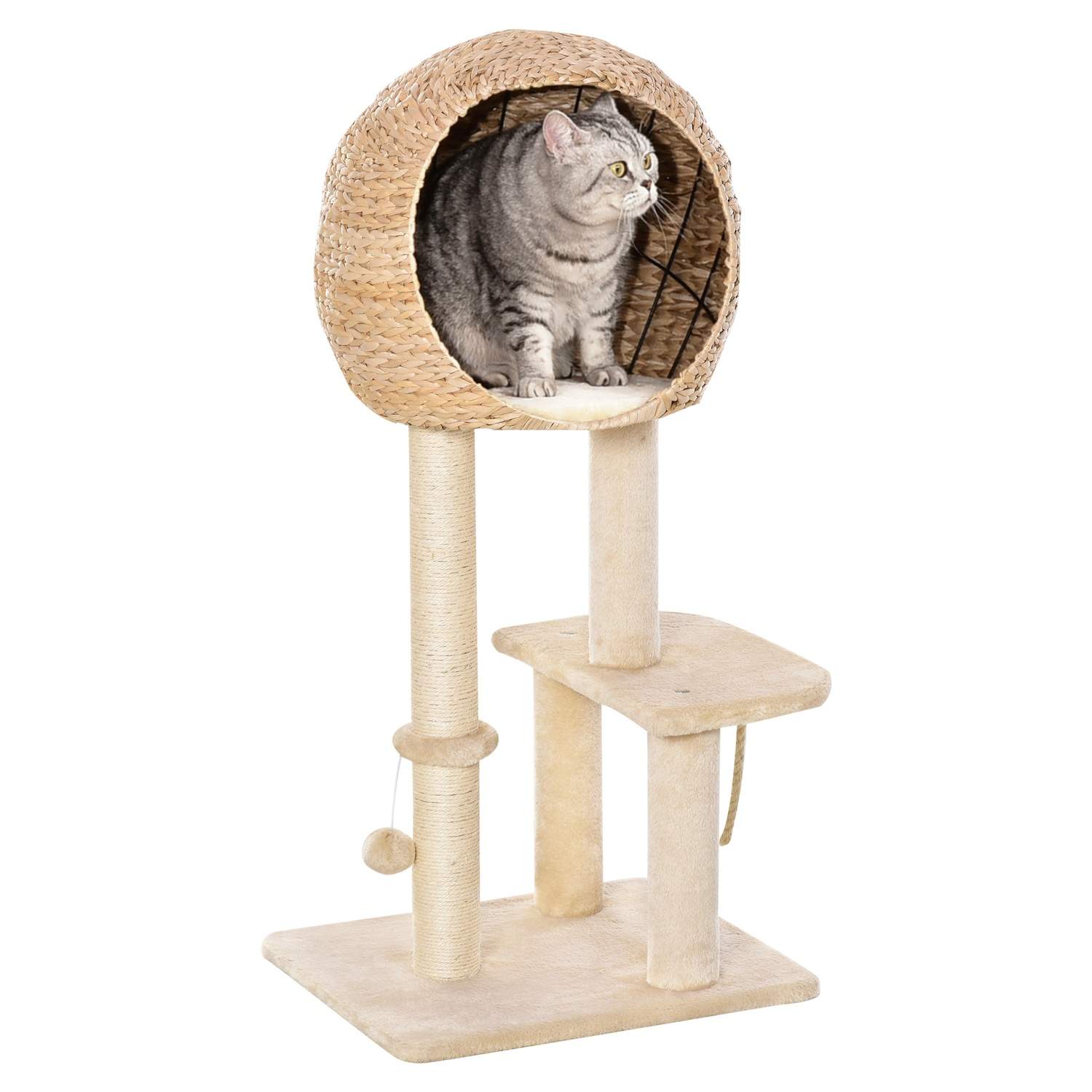 Kattetræ med kradsestolpe og grotte, beige 100 cm