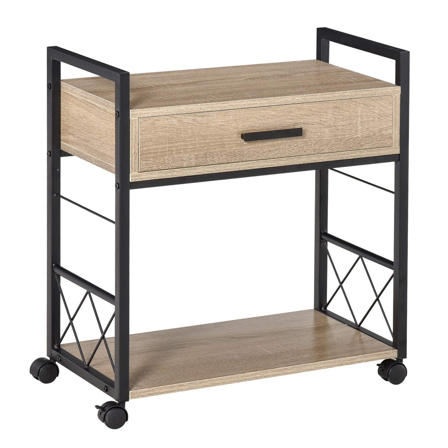 Sidebord med hjul og skuffe i natur 60x30x65 cm