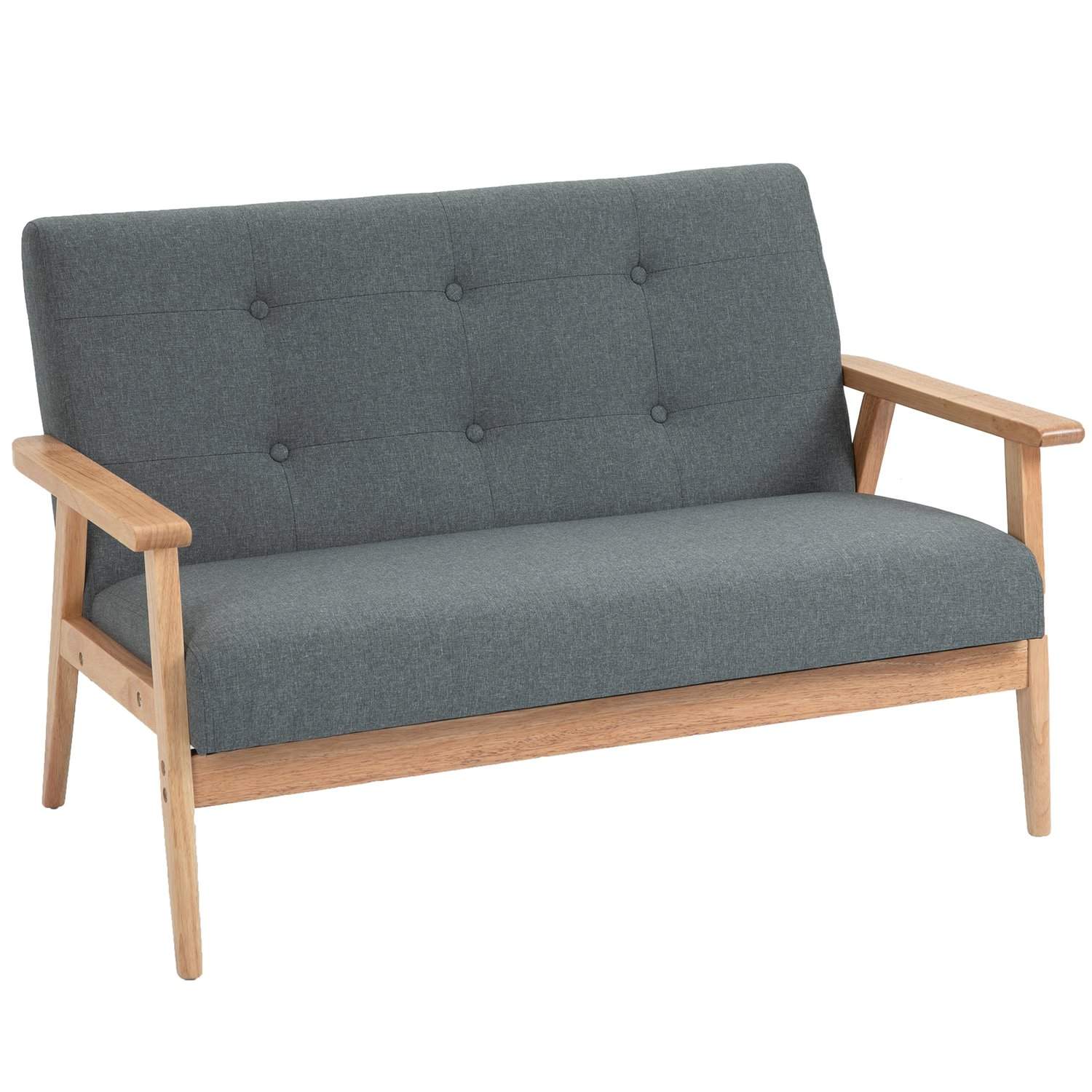 Grå to-personers stofsofa i hør med gummitræ