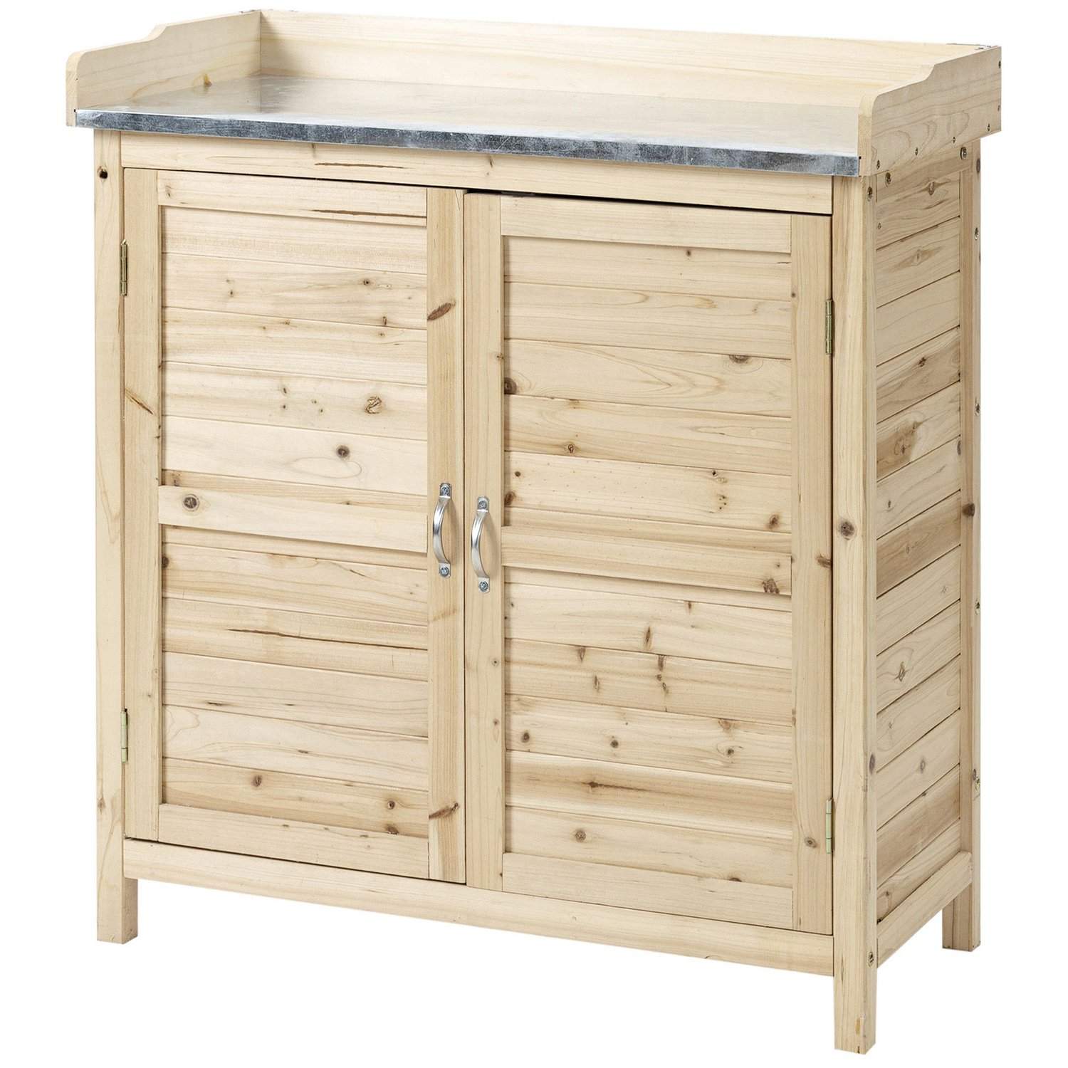 Haveskab med plantebord og hylder