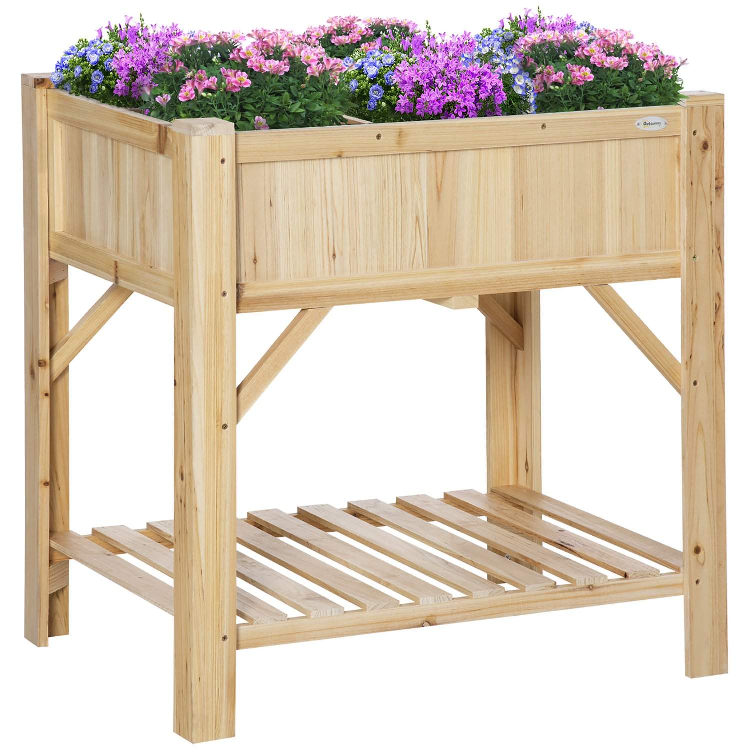 Højbedstræ med dyrkningsarealer og blomsterkasse