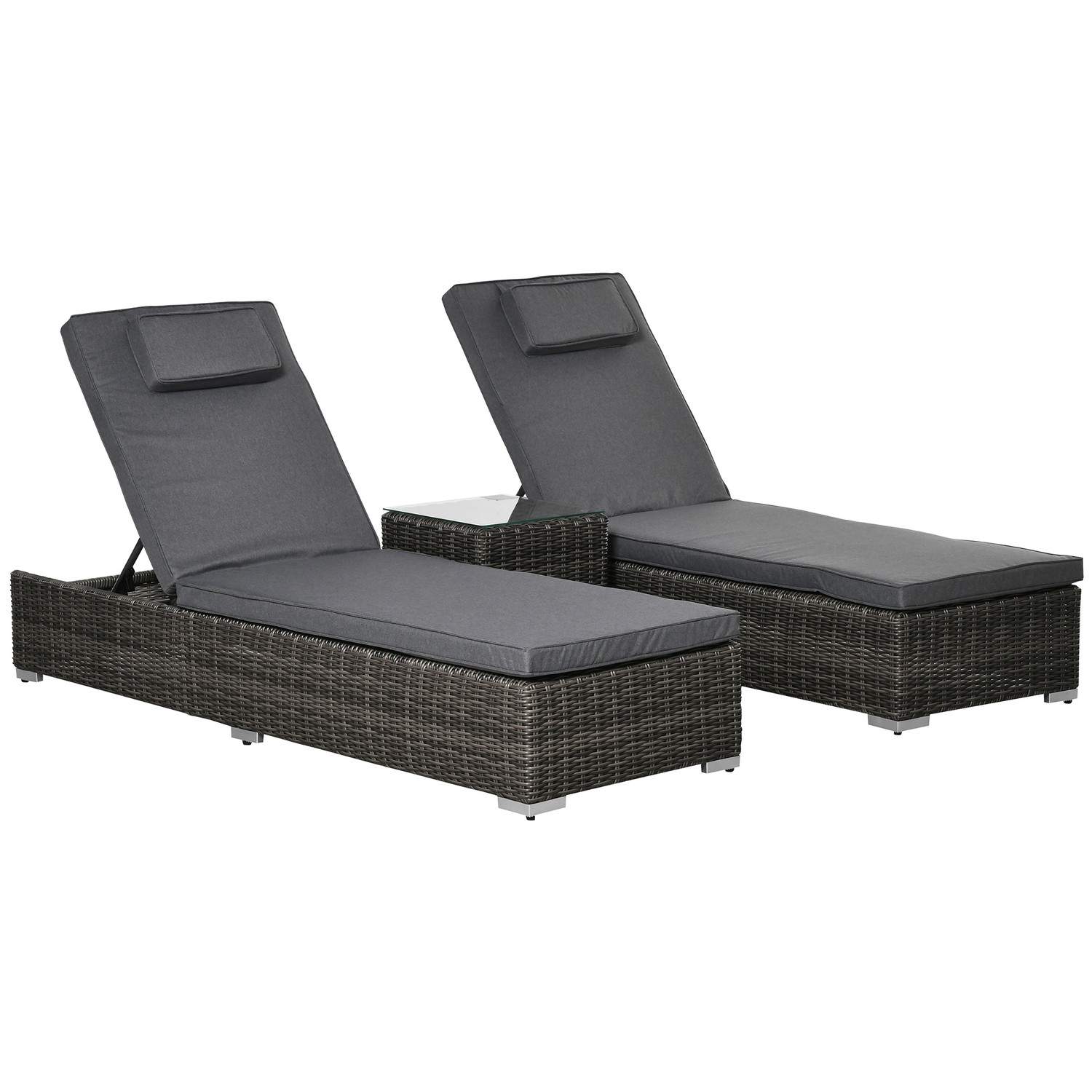 Grå 3-delt liggestol i polyrattan med sidebord