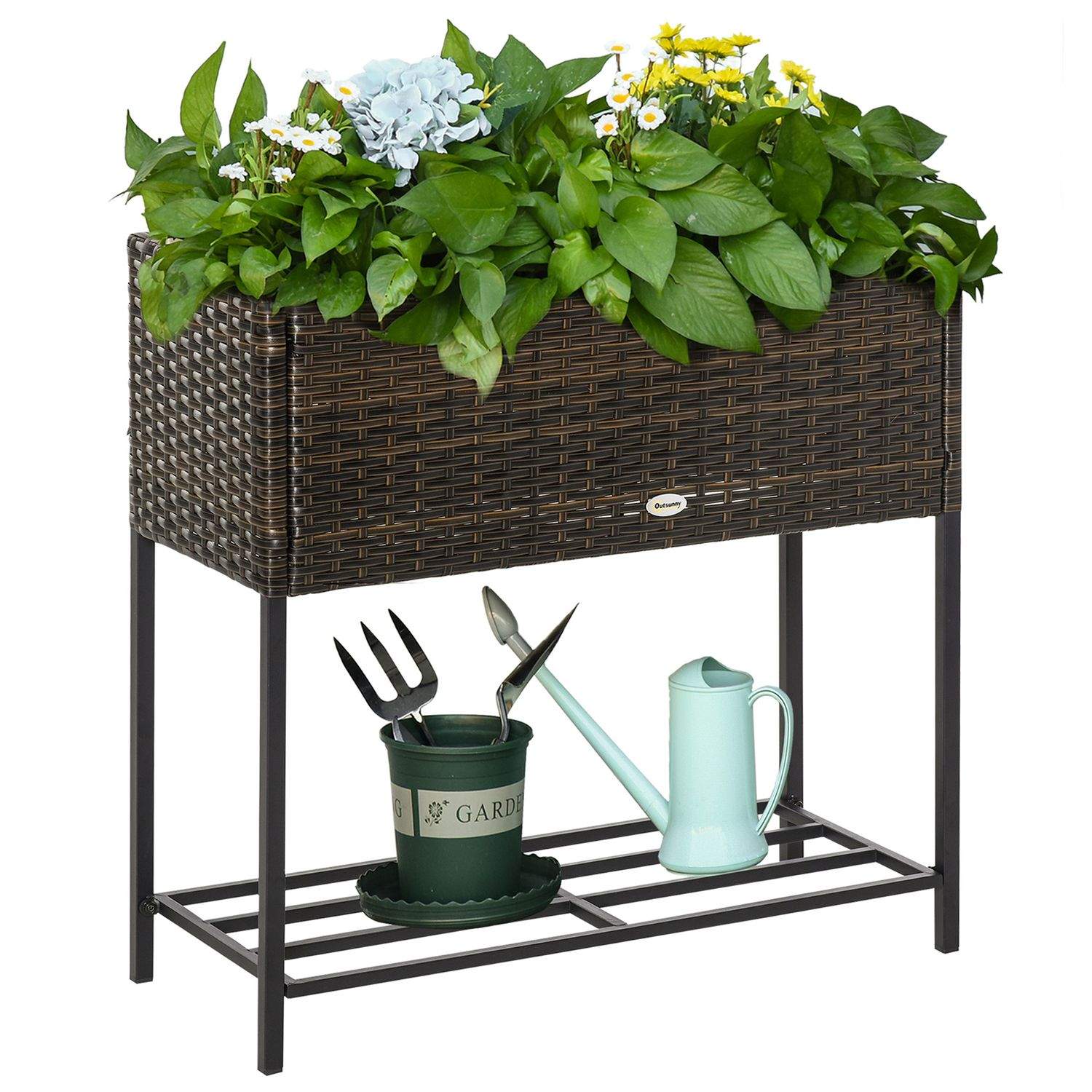 Hævet brun blomsterkasse i polyrattan med hylde