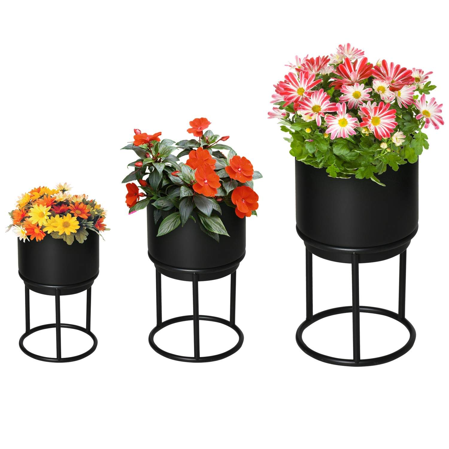 Sæt med 3 sorte stabelbare blomsterstativer