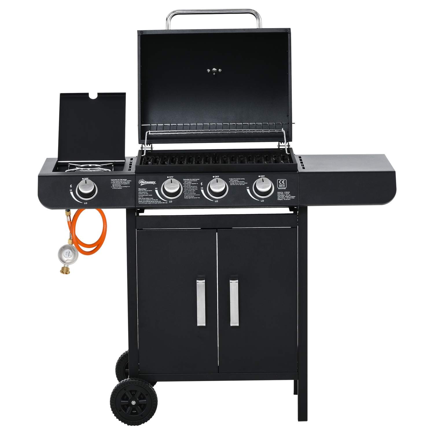 Gasgrill Sort med 3+1 brændere og kabinet