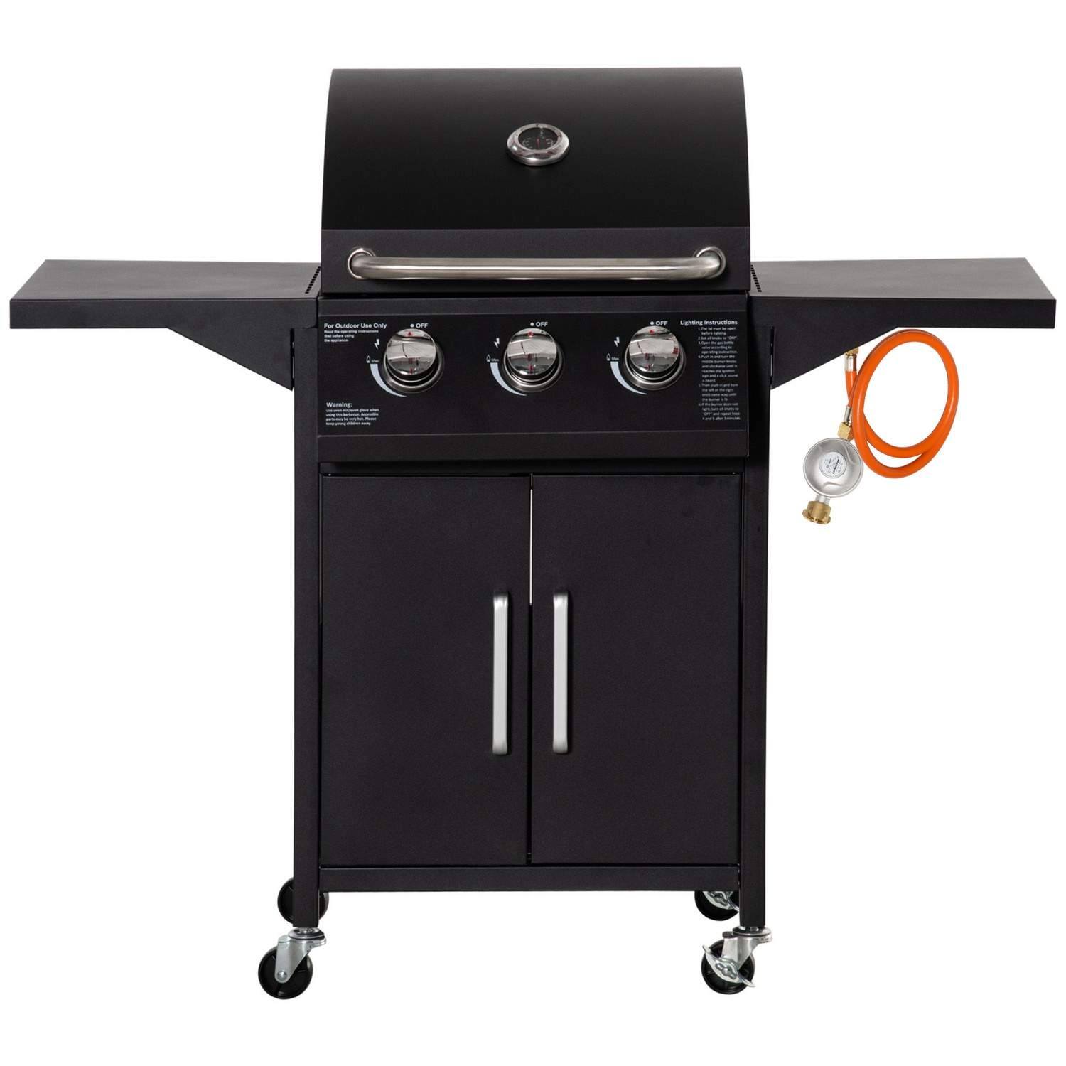 Gasgrill 3 brændere 3kW Mobil med sidebord