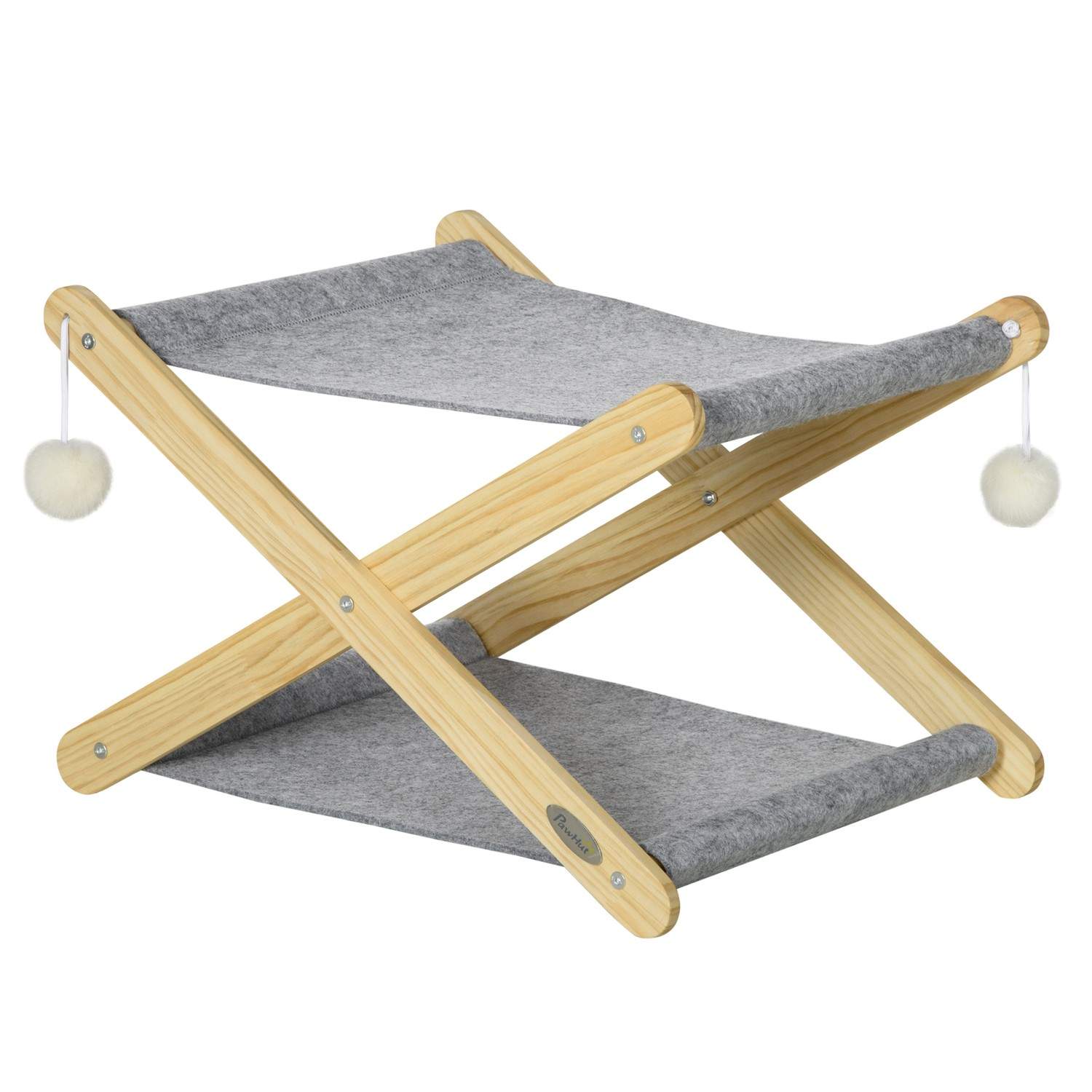 Sammenklappelig katteseng i fyrretræ med kuglelegetøj