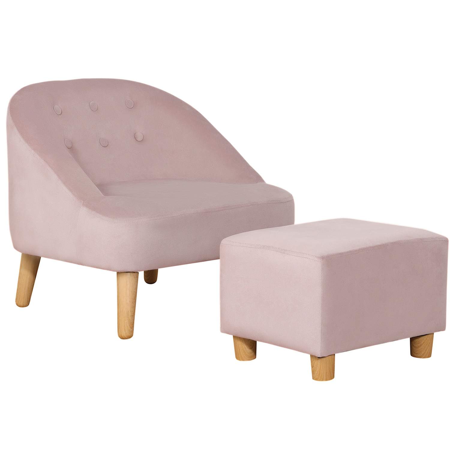 Pink børnelænestol med fodskammel i fløjlslook