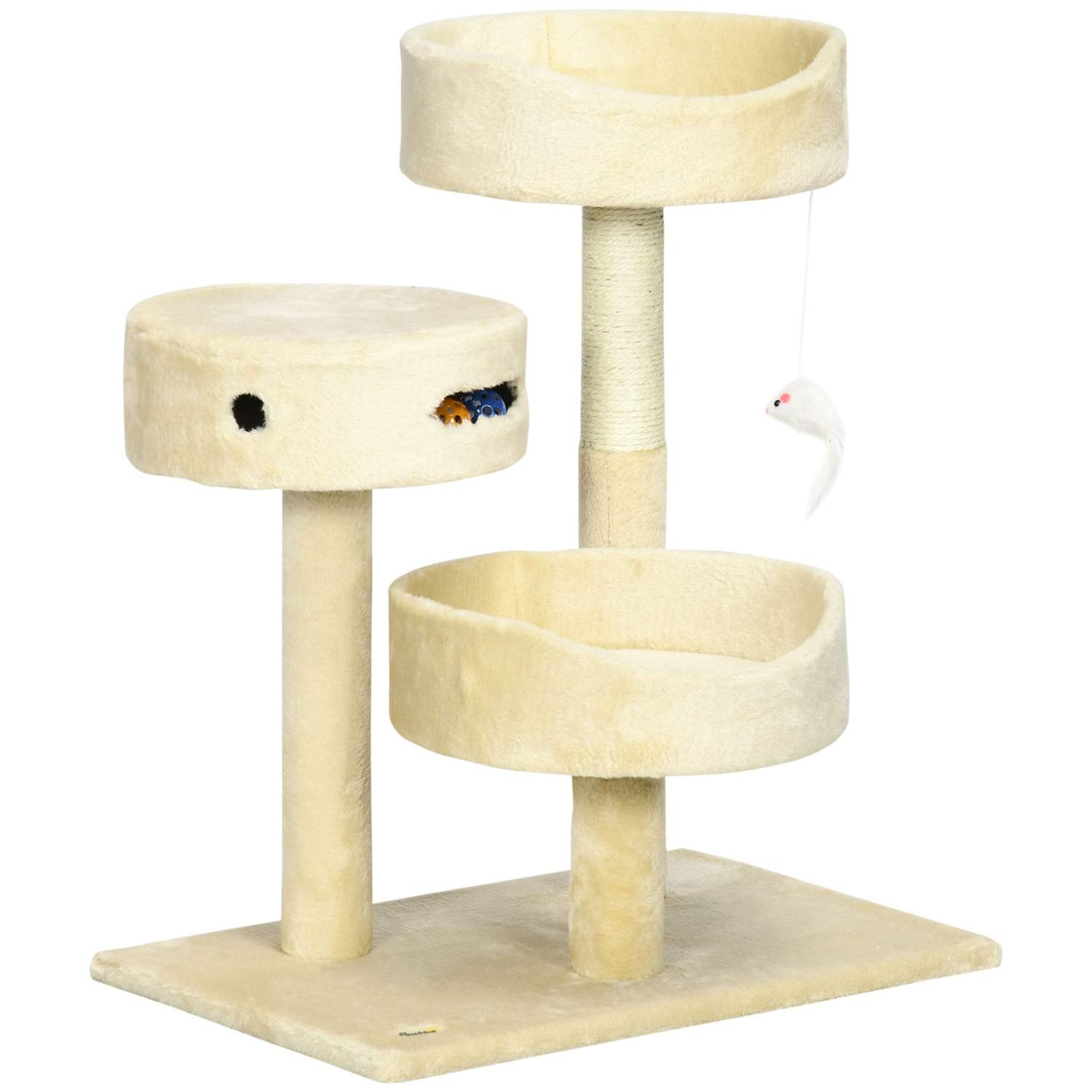 Kattekradsestolpe 70cm med seng og legetøj i beige