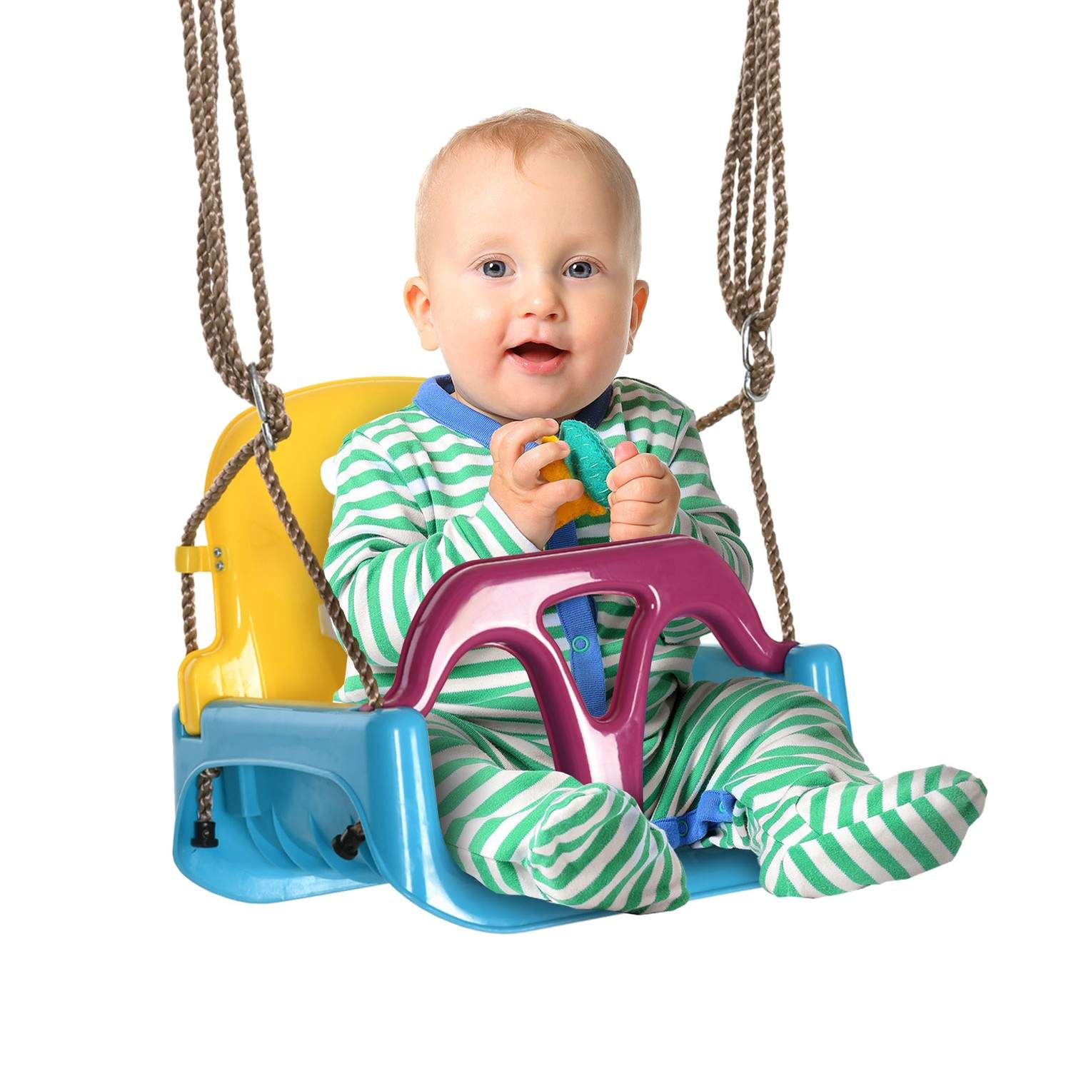 Justerbar babygynge 9m+ i blå/gul/lilla