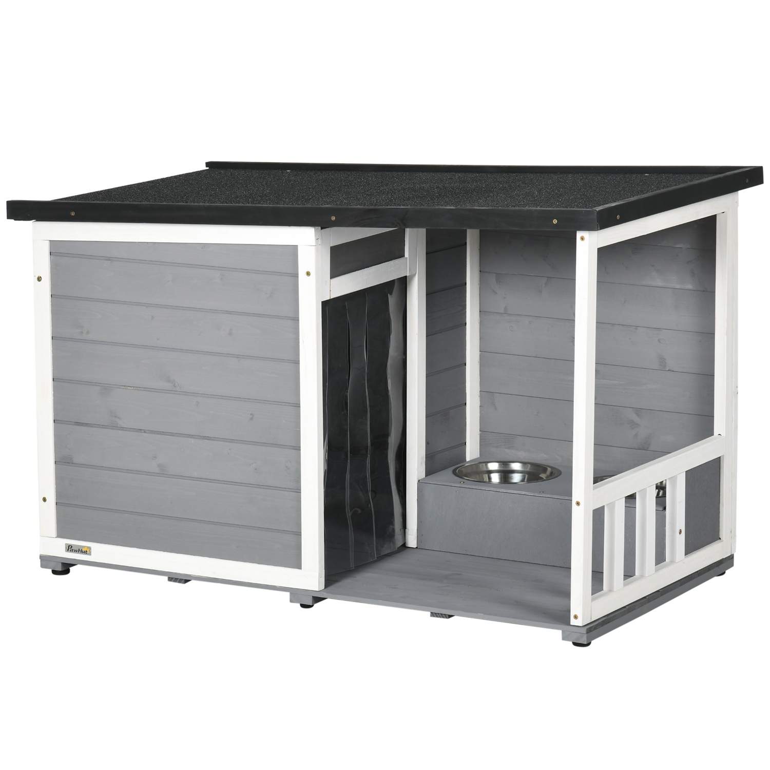 Vejrbestandig hundehus med terrasse og skåle