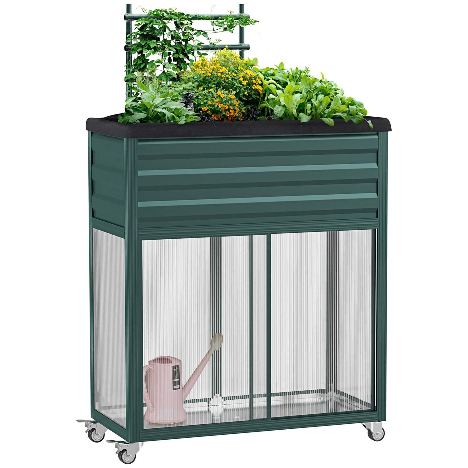 Grøn højseng med espalier og hylde til altan