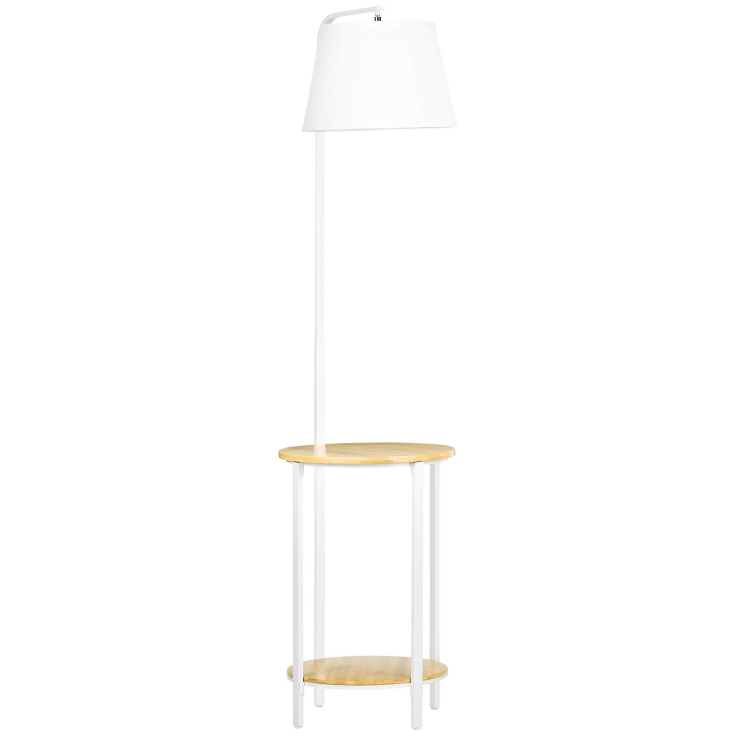 Hvid gulvlampe med hylder og skærm i hør