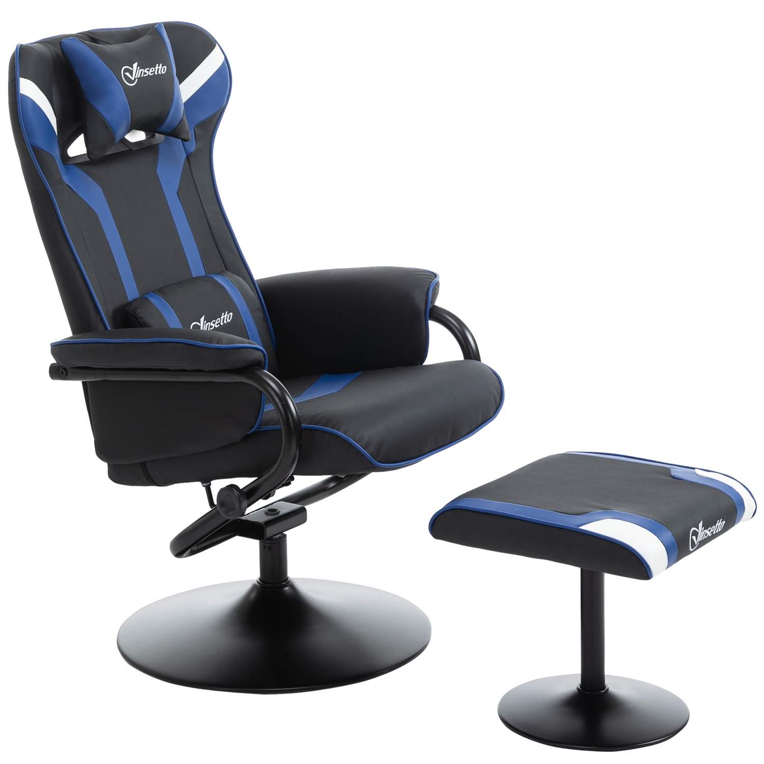 Gaming stol med fodskammel, liggefunktion, mørkeblå/sort