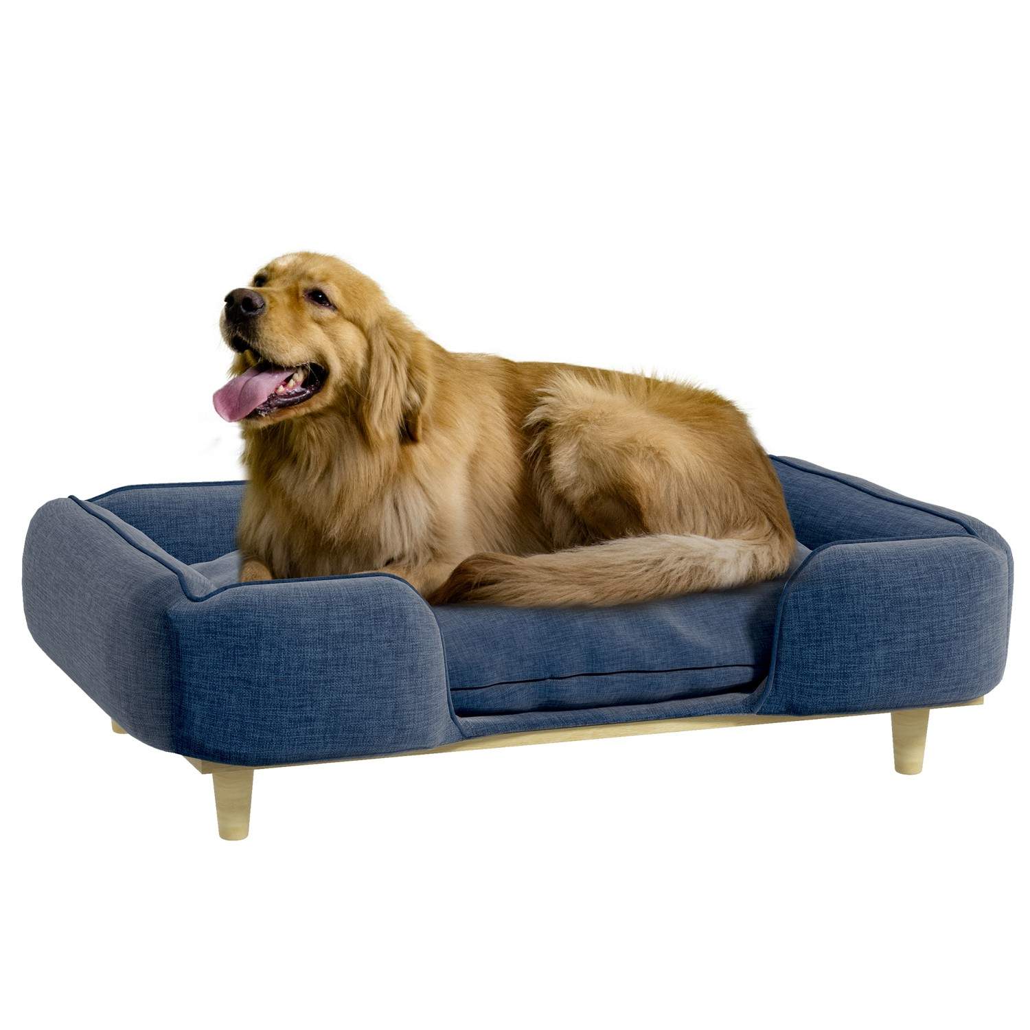 Mørkeblå hundesofa med træben, 96x66x24 cm