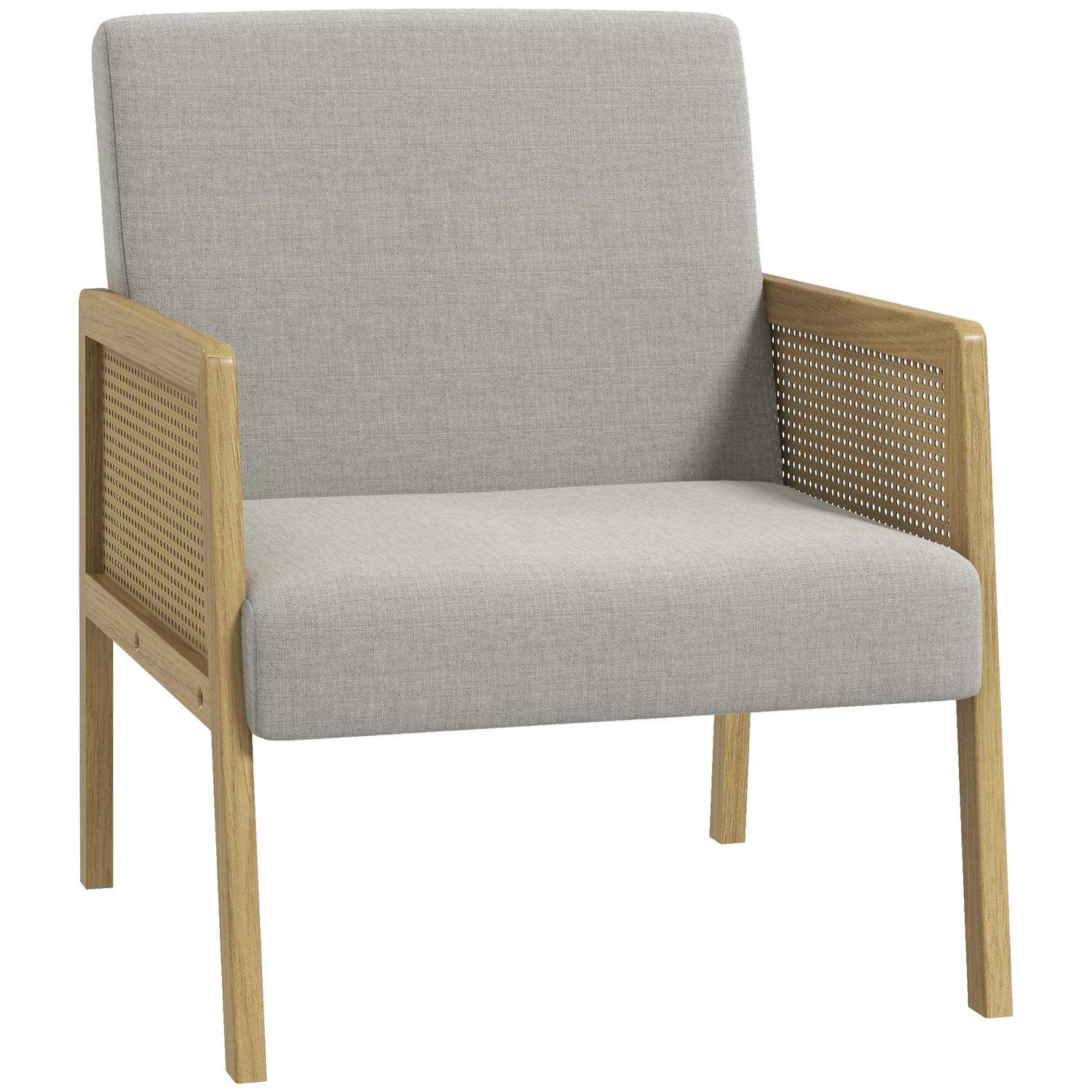 Accent lænestol i rattan look med armlæn, betrukket med hør