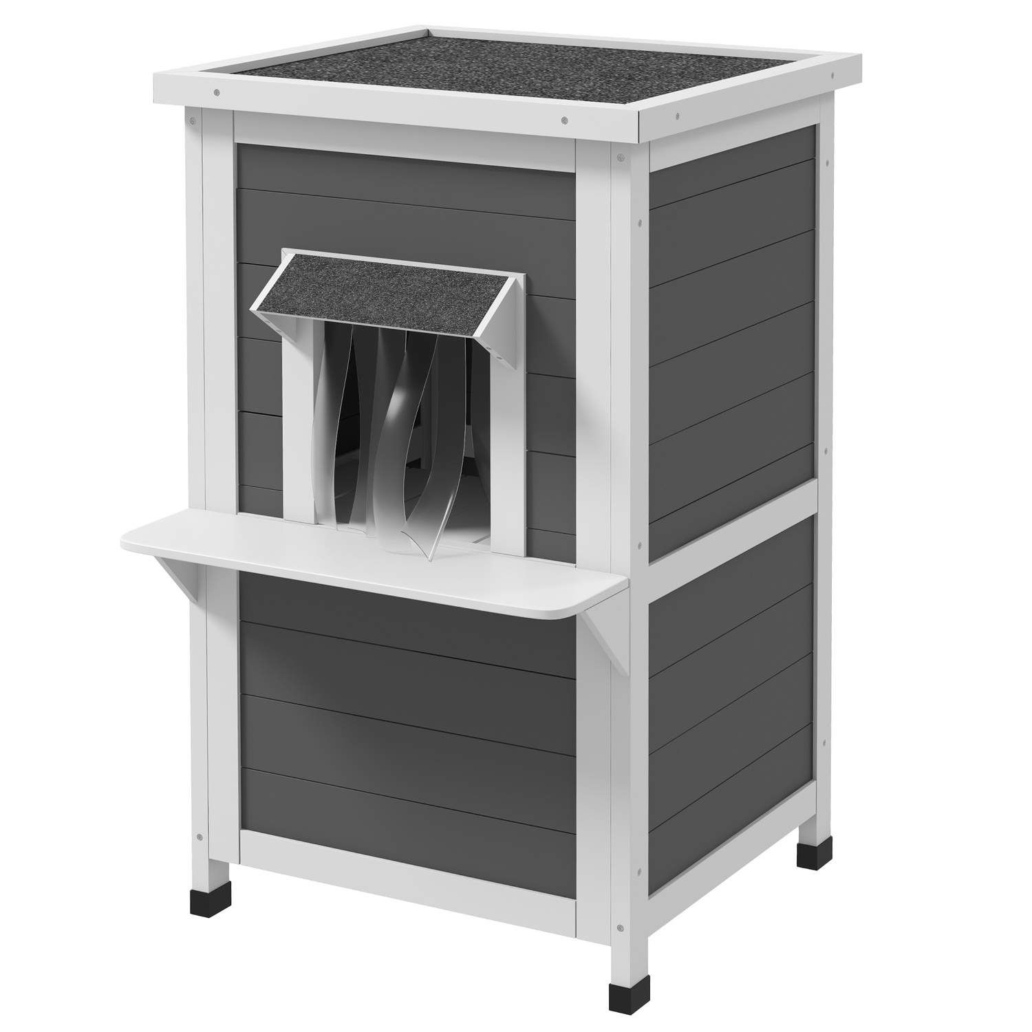 Vejrbestandigt 2-etagers kattehus i træ, grå/hvid