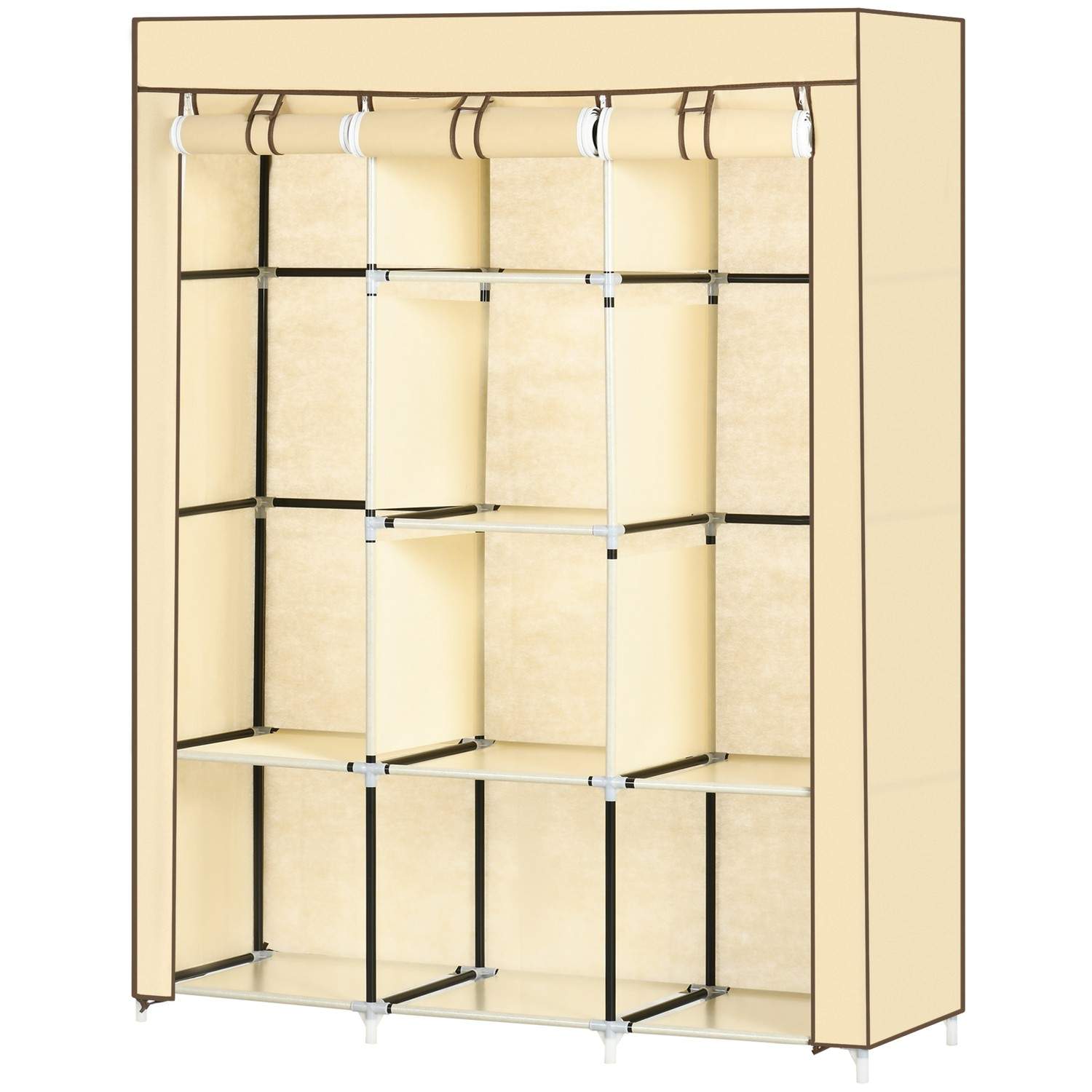 Beige stofgarderobe med tøjstang og 8 etager
