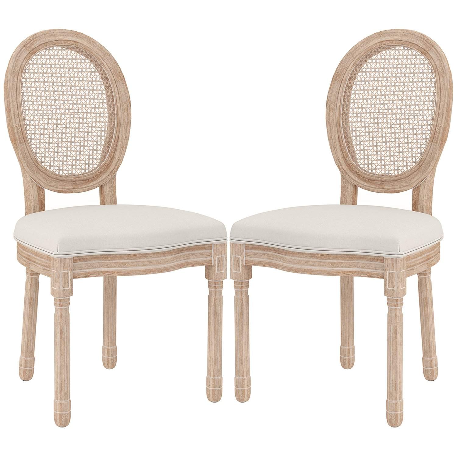 Cremehvide køkkenstole i hør- og rattanlook, træben