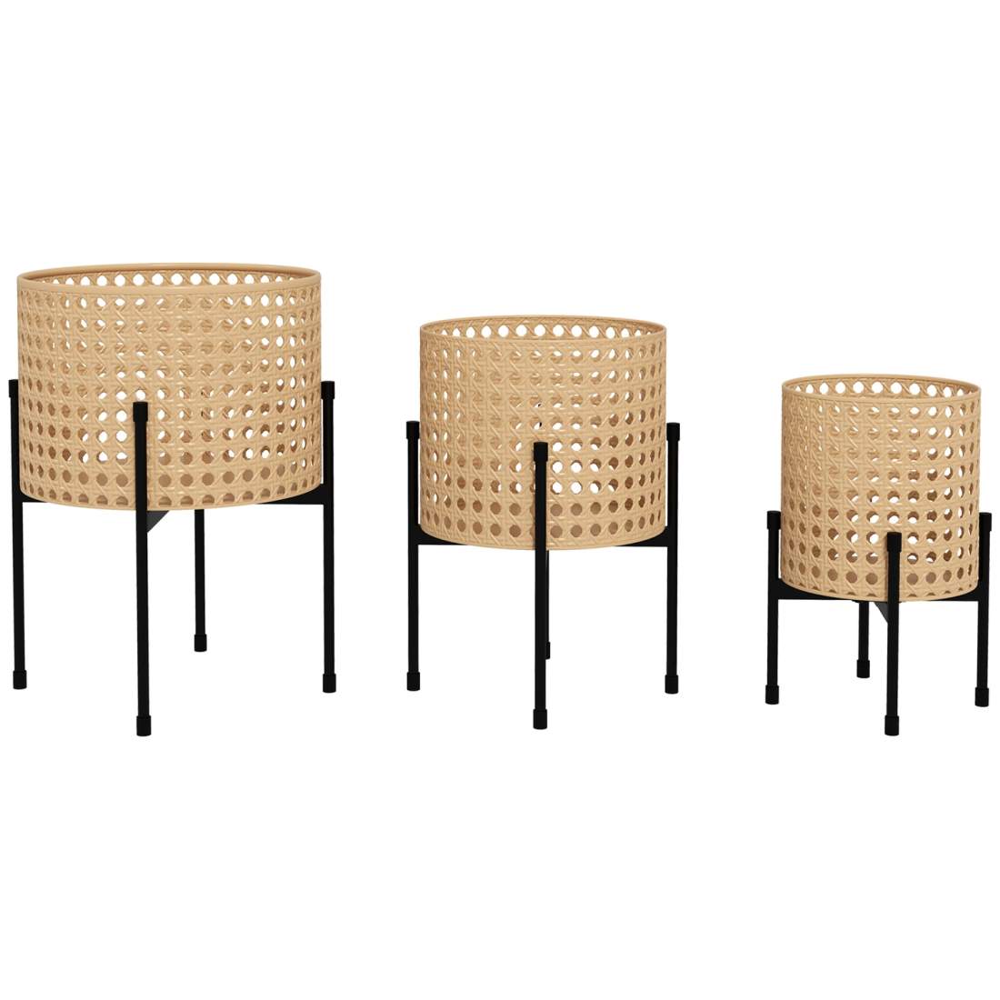 Sæt med 3 plantestativer i rattan look, guldstål