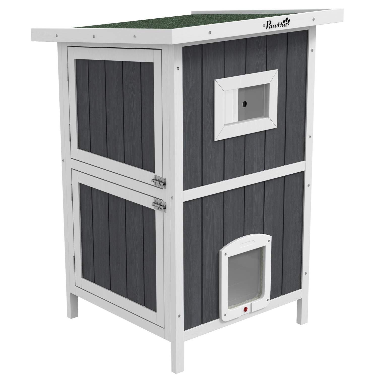 2-etagers gråt trækattehus med balkon til katte