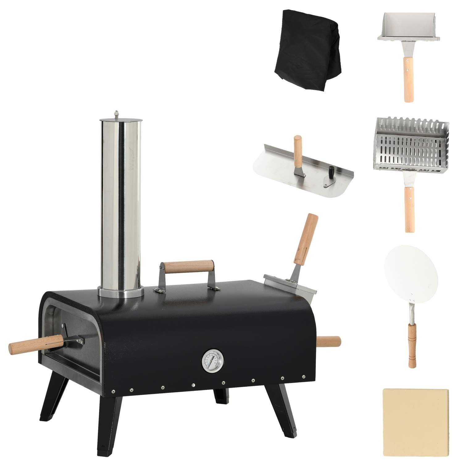 Brændefyret 2-i-1 pizzaovn med pizzasten og pizzaspade