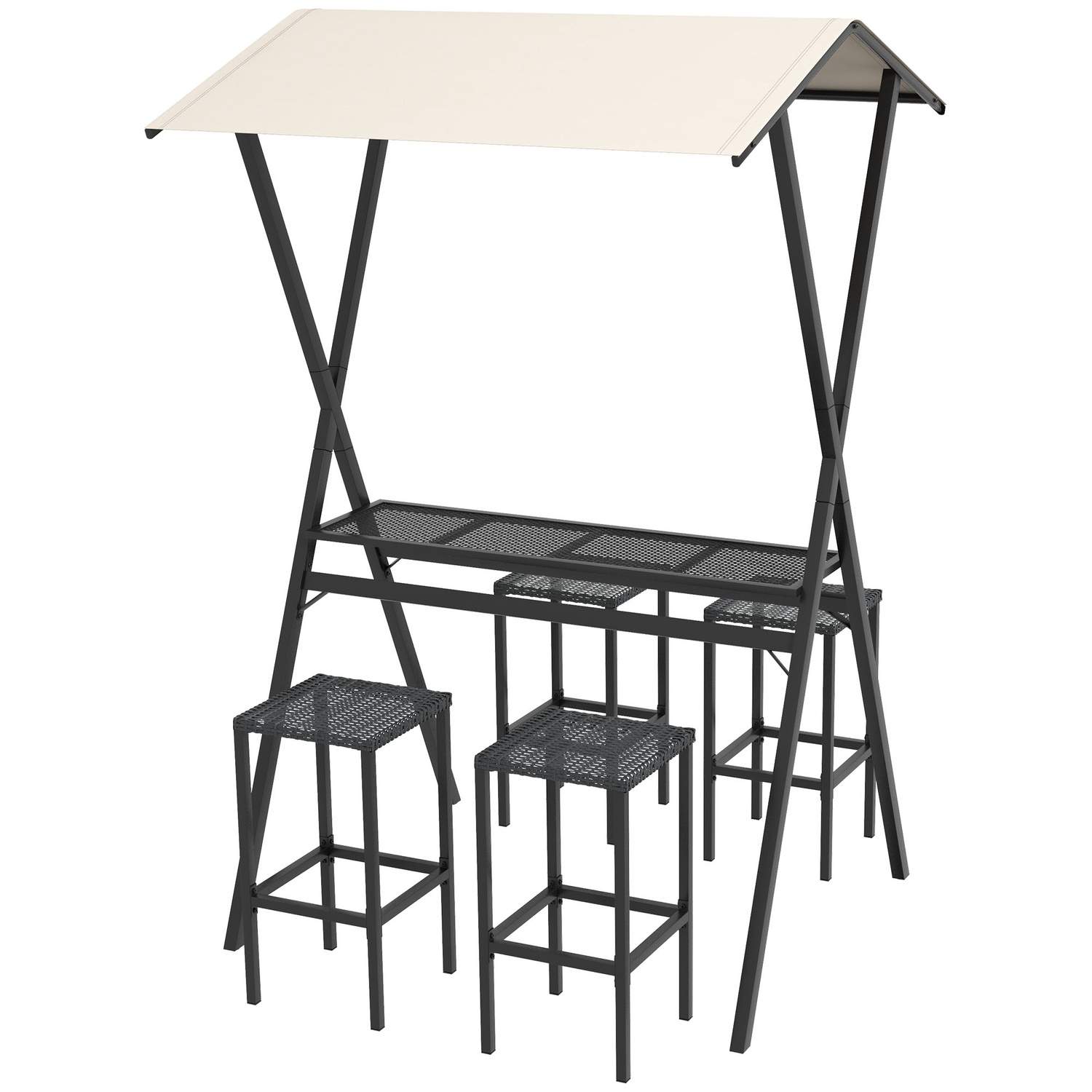 Sort rattan barbordsæt med tag og 4 stole