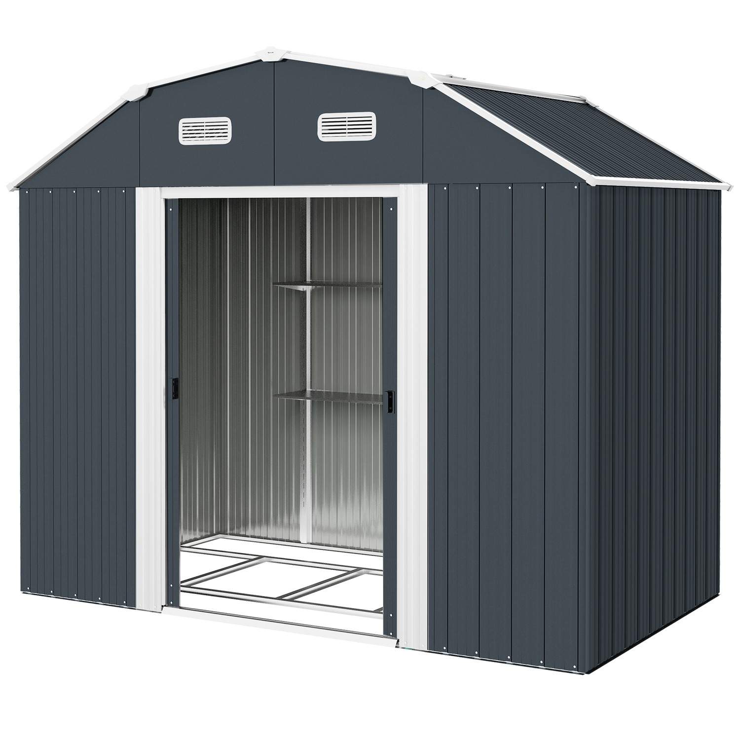 Værktøjsskur Stål 2,7M² Værktøjsskur Uv-Beskyttelse Haveskab 2 Skydedøre Hyldefundament Mørkegrå 238X132X198,5Cm