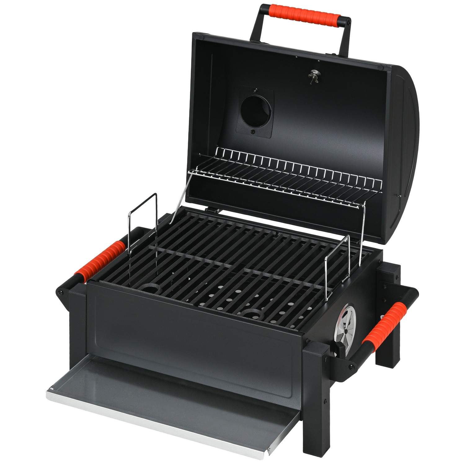 Sort trægrill med låg og termometer til camping