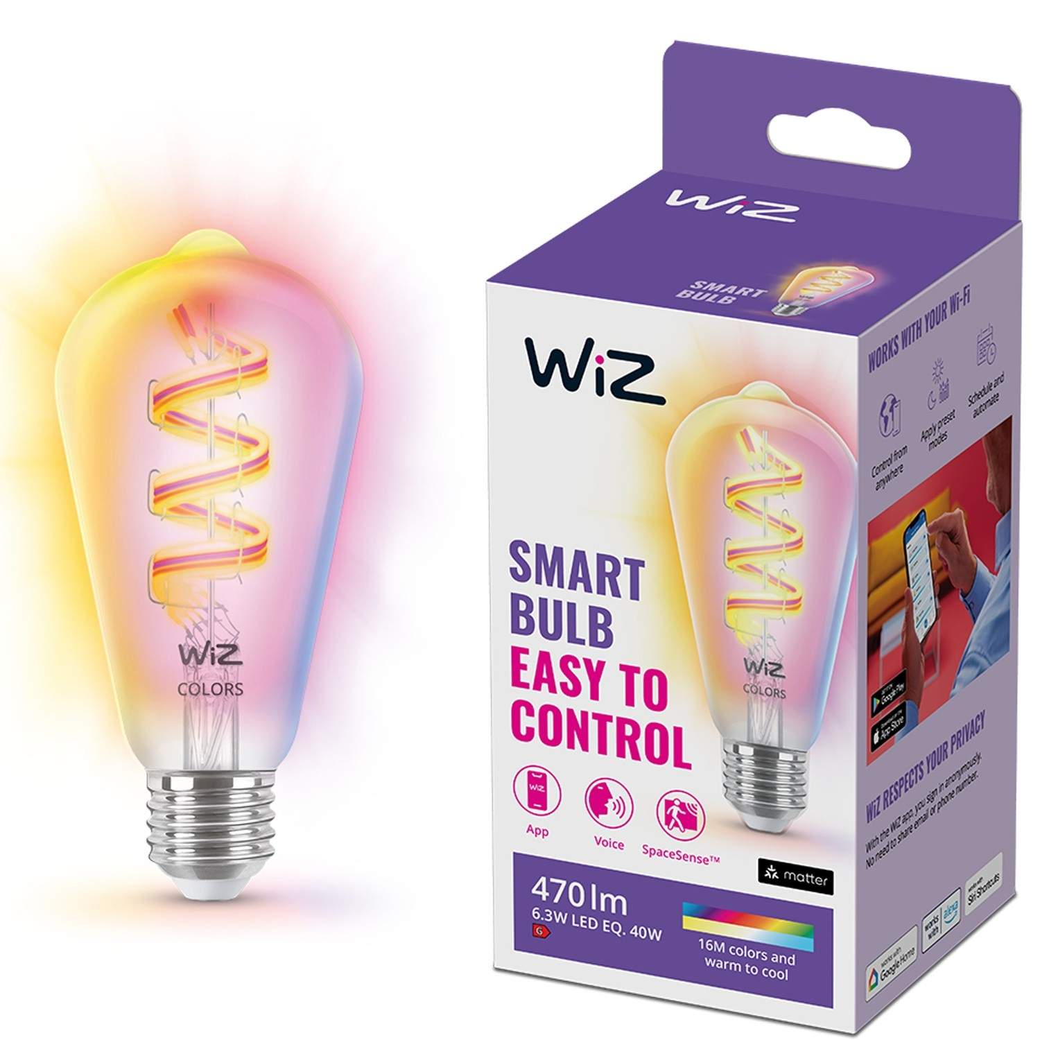WiFi Smart LED E27 ST64 40W Filament Farve + Varm-kølig hvid 470lm