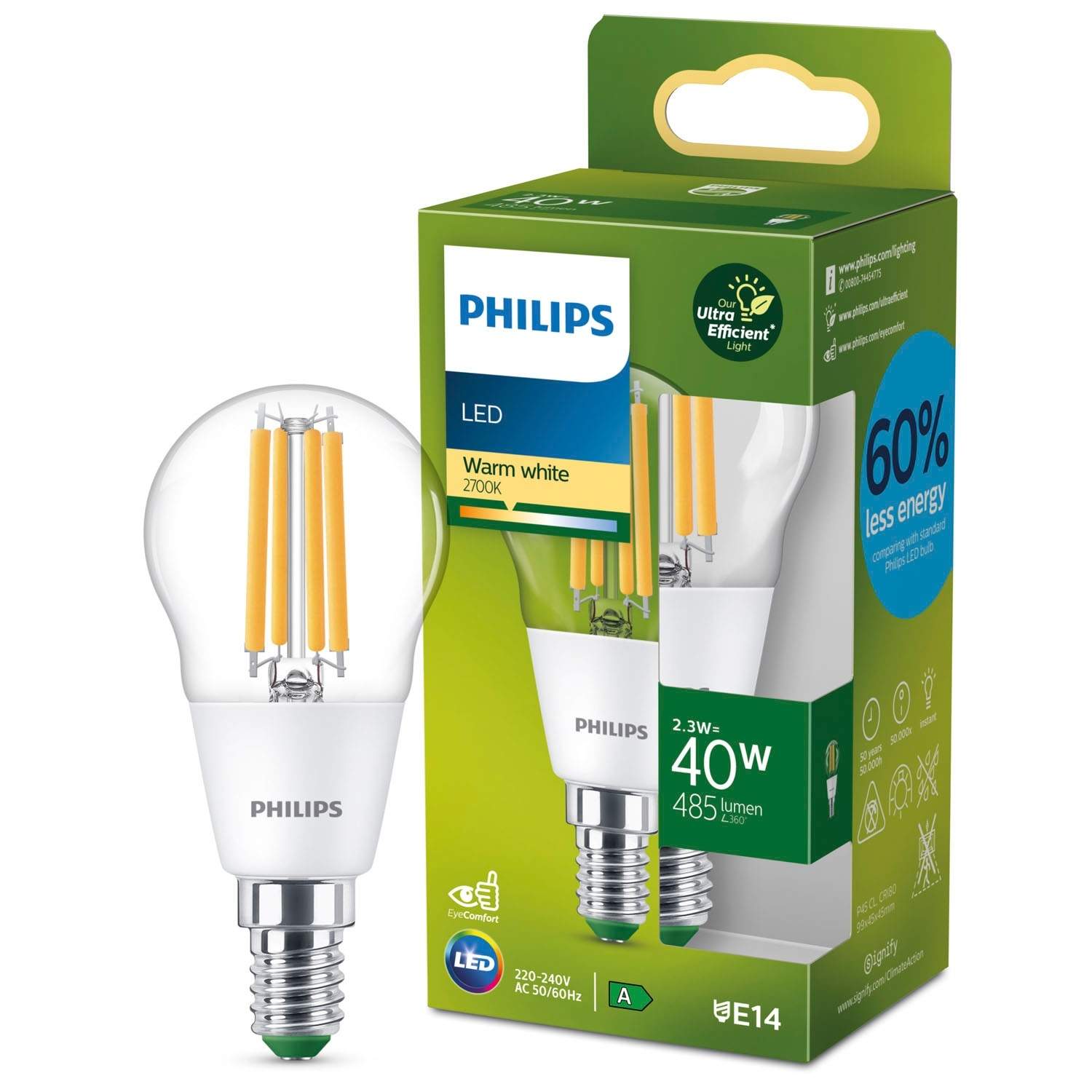 LED E14 P45 Globe 2,3W (40W) Klar 485lm 2700K Energiklasse A